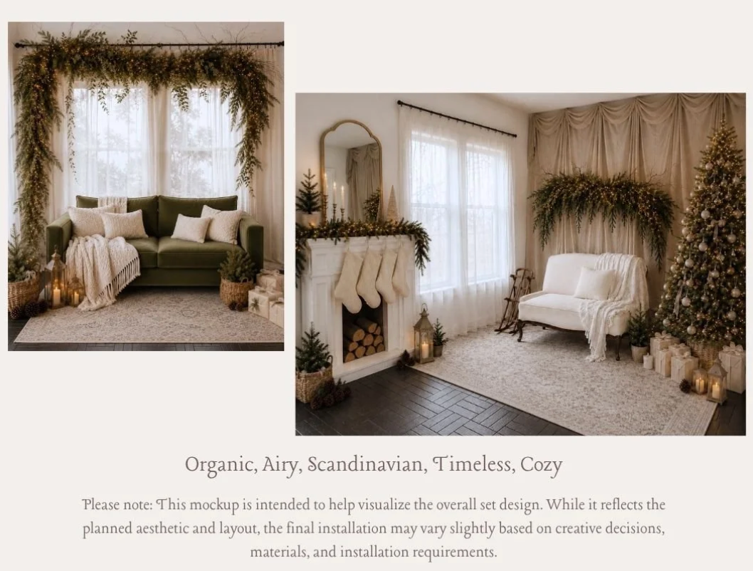 Organic Scandinavian Christmas living room with green sofa, garland arch, white chair, and cozy holiday decor in neutral tones.