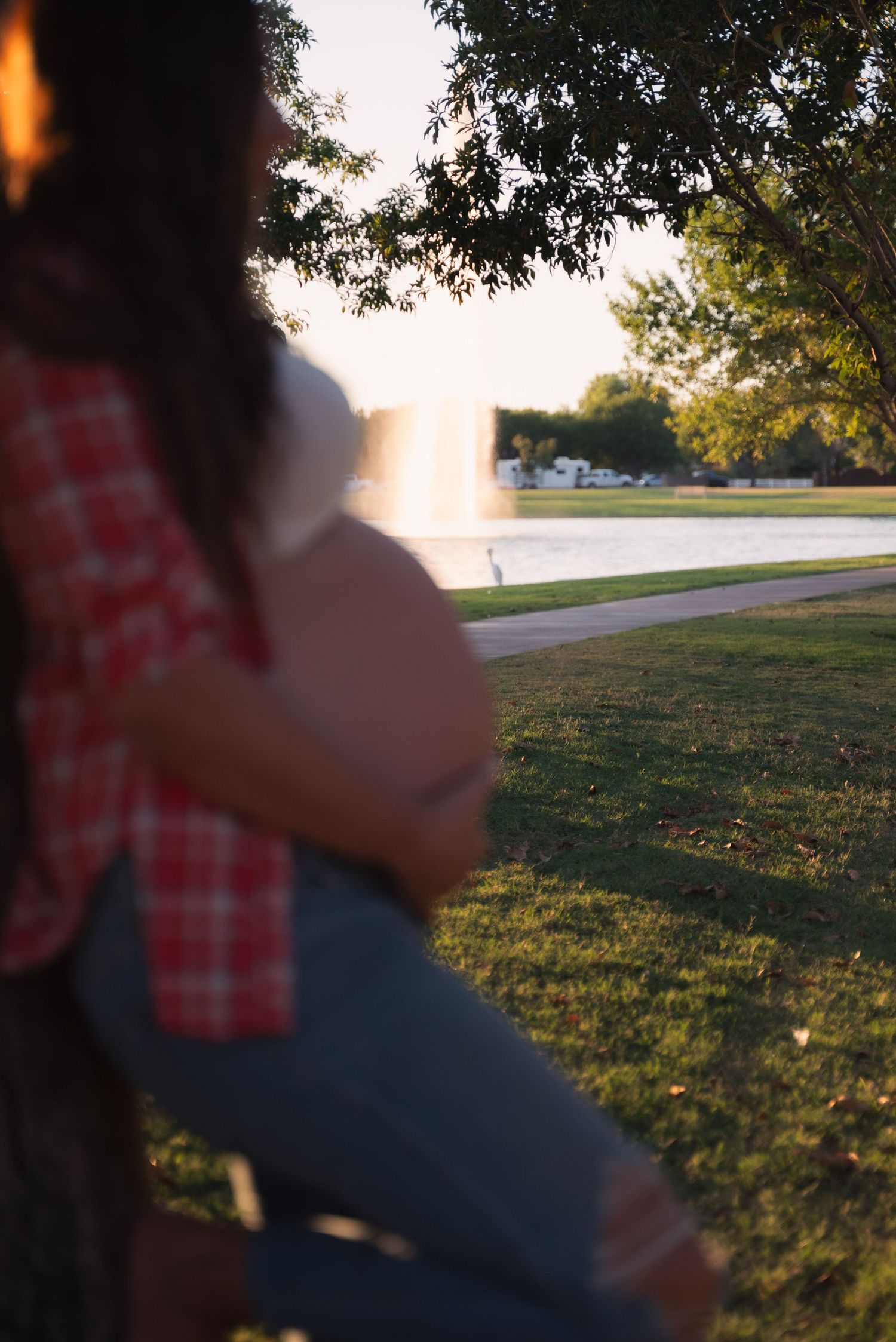 A silhouetted figure in a red checkered shirt sits outdoors at sunset with trees and a grassy lawn in the background.