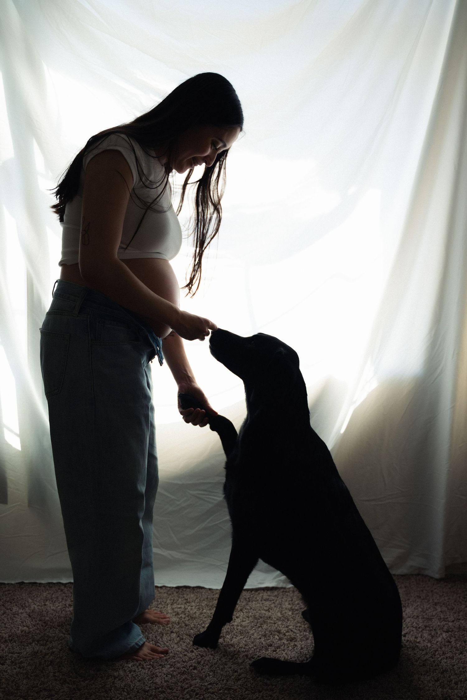 A sequence of silhouettes against a white curtain shows a person falling backwards in dramatic lighting.
