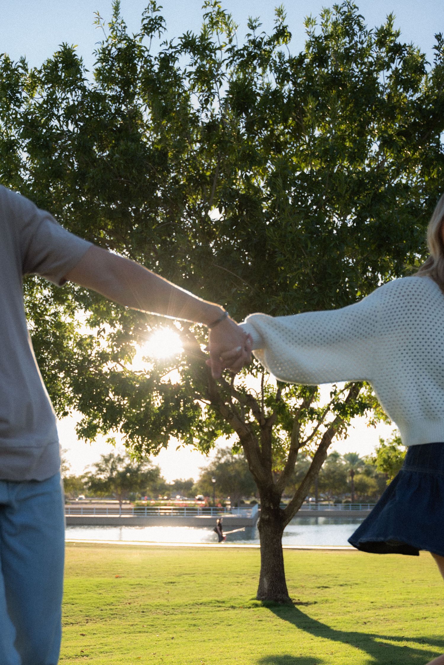 A couple holds hands in a park at sunset with a tree and lake silhouetted in the golden background.