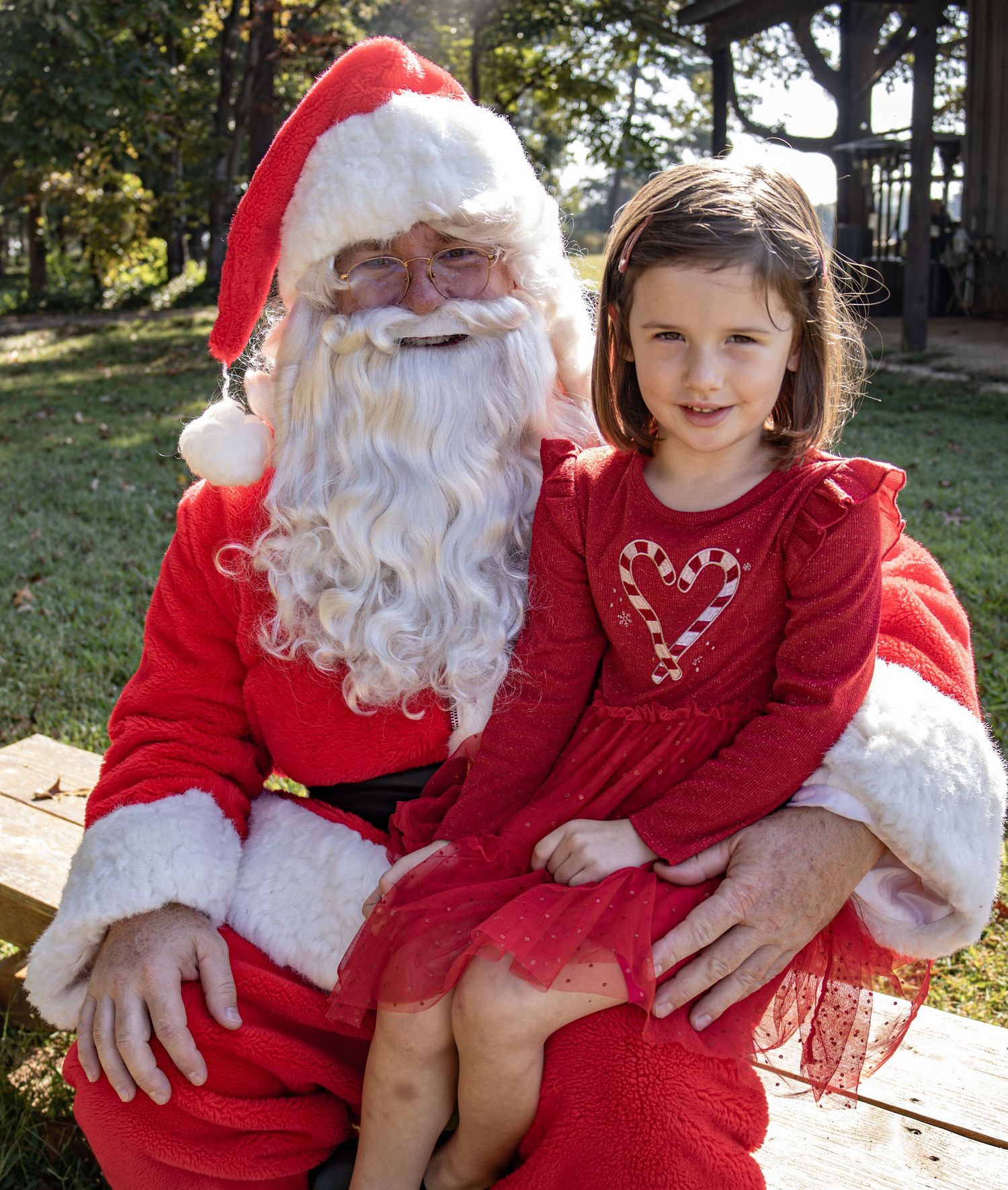 A series of photos showing someone in a red dress sitting next to Santa Claus on a bench outdoors.