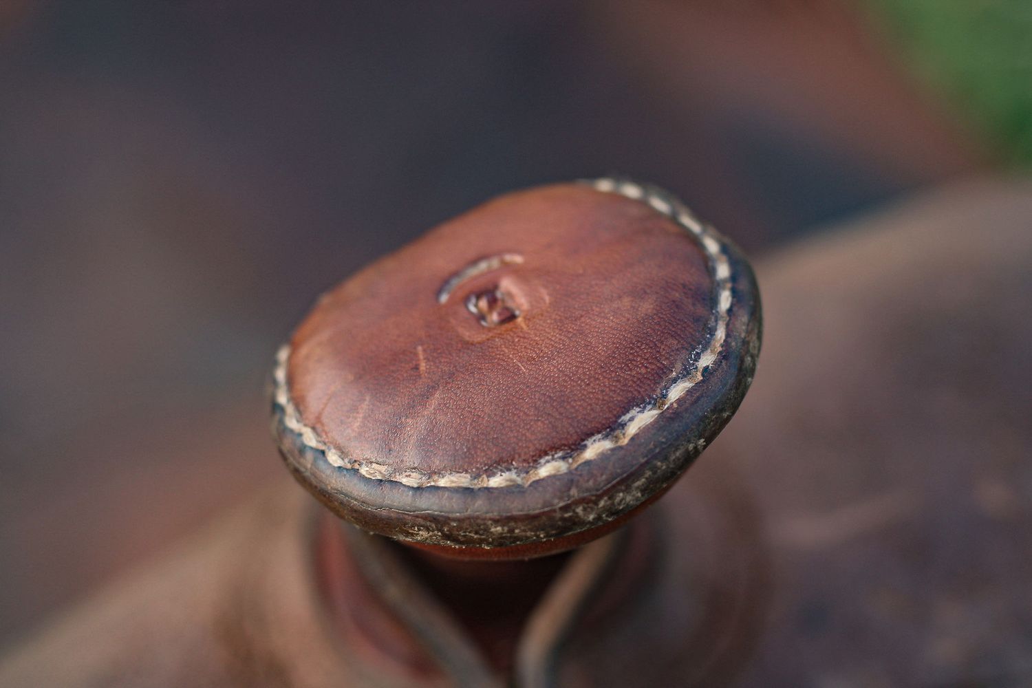 Macro shot of a round leather conchos with detailed stitching on saddle leather.