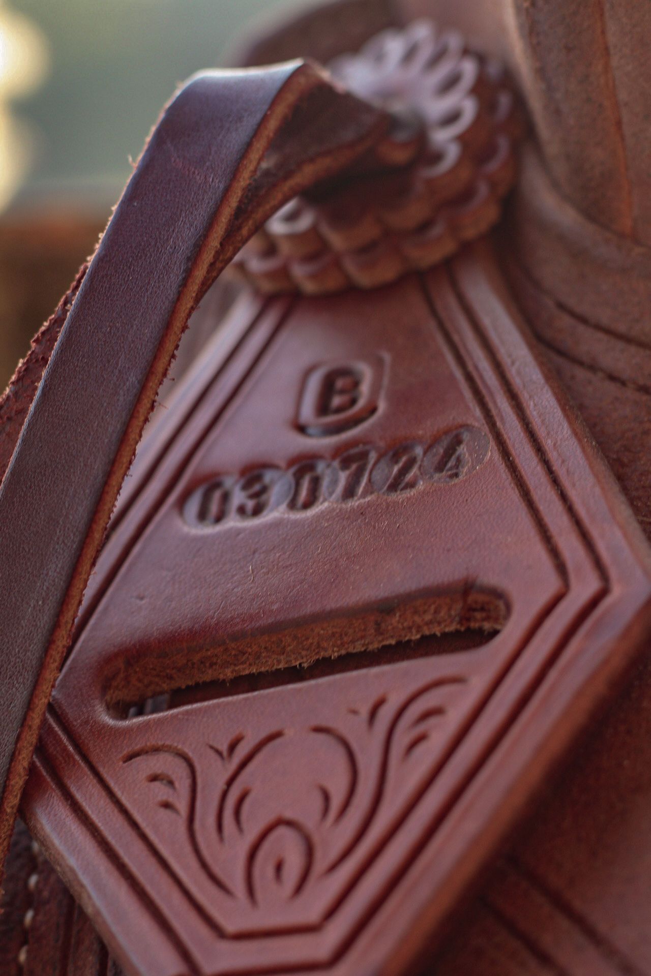Macro shot of embossed leather pattern on western equestrian gear.