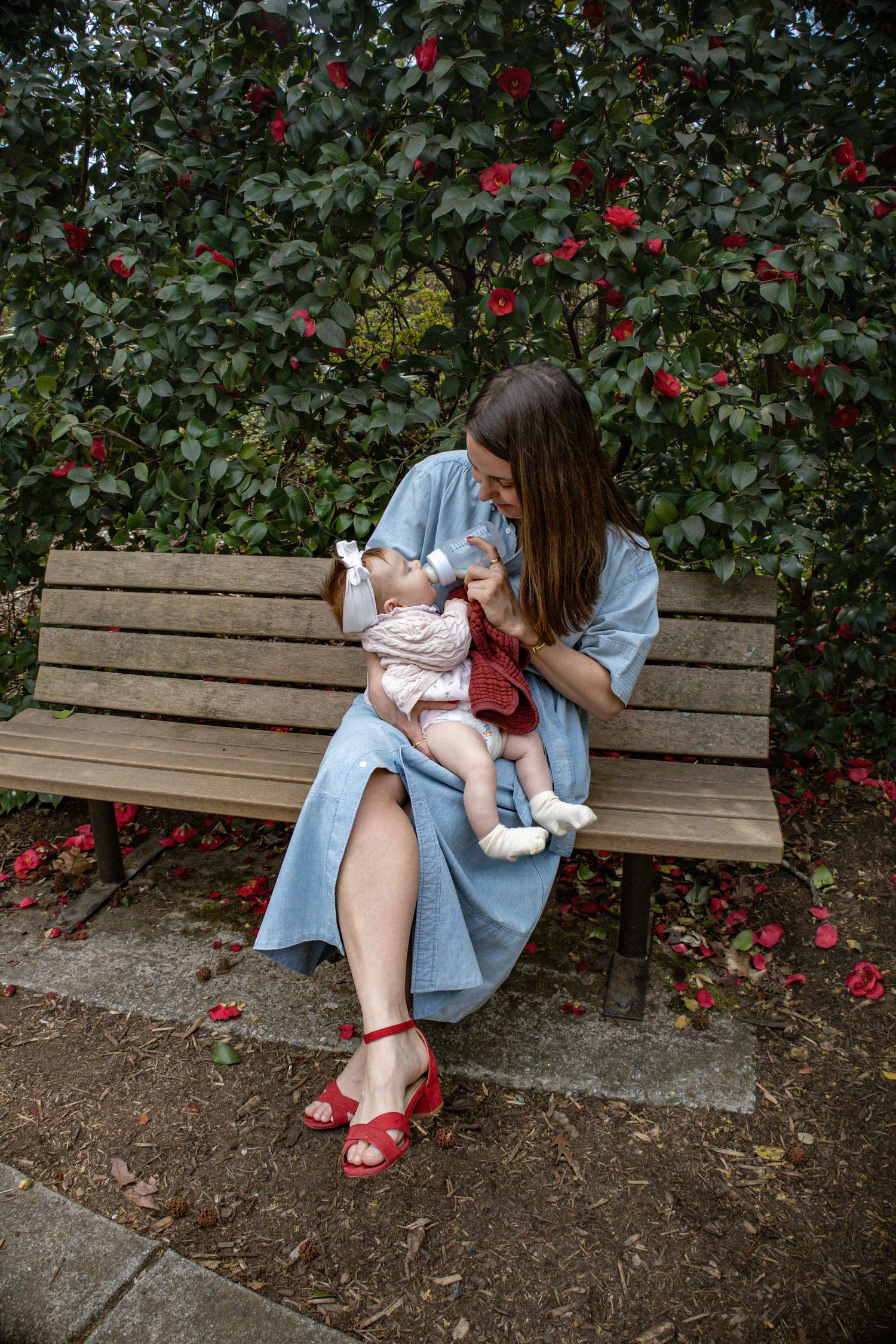 A person in a blue dress sits on a wooden bench with an infant against a backdrop of red flowering bushes.