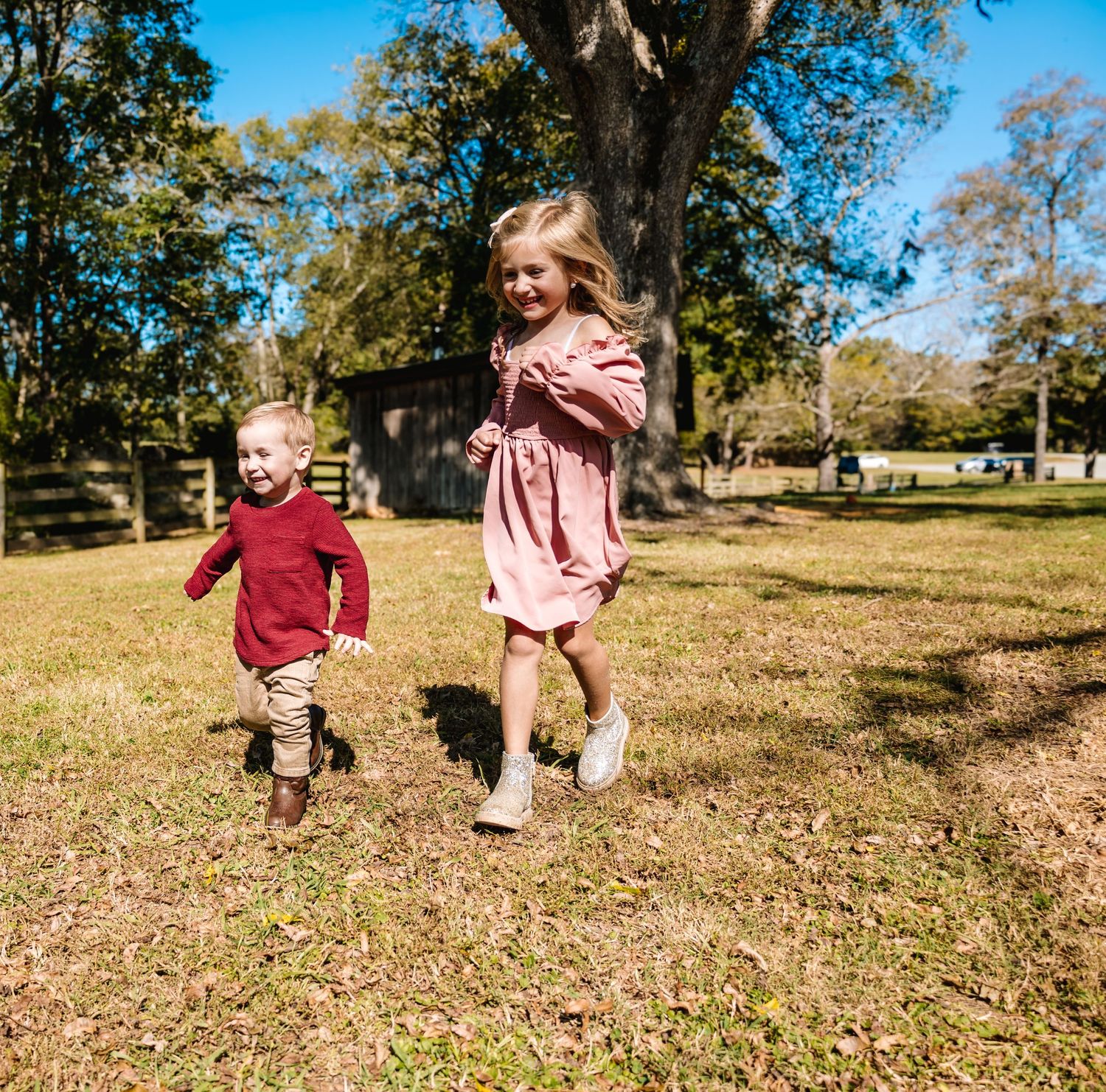 People run and play in a sunlit field on an autumn day.