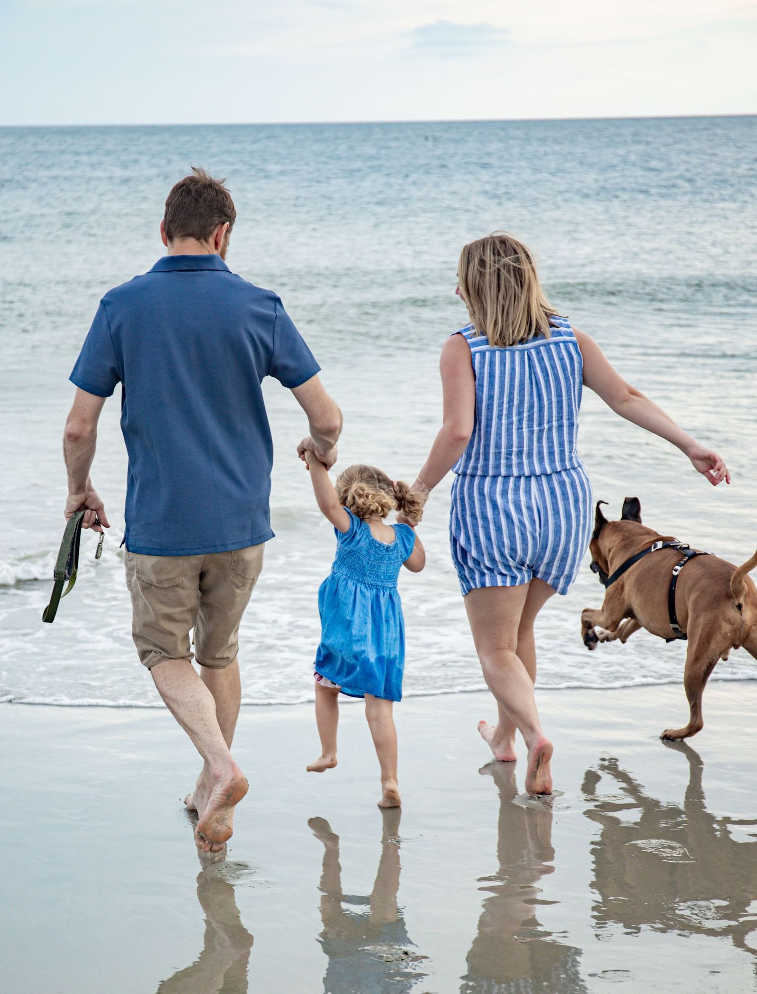 Family and their boxer dog playing together at the beach while walking in shallow ocean water at sunset.