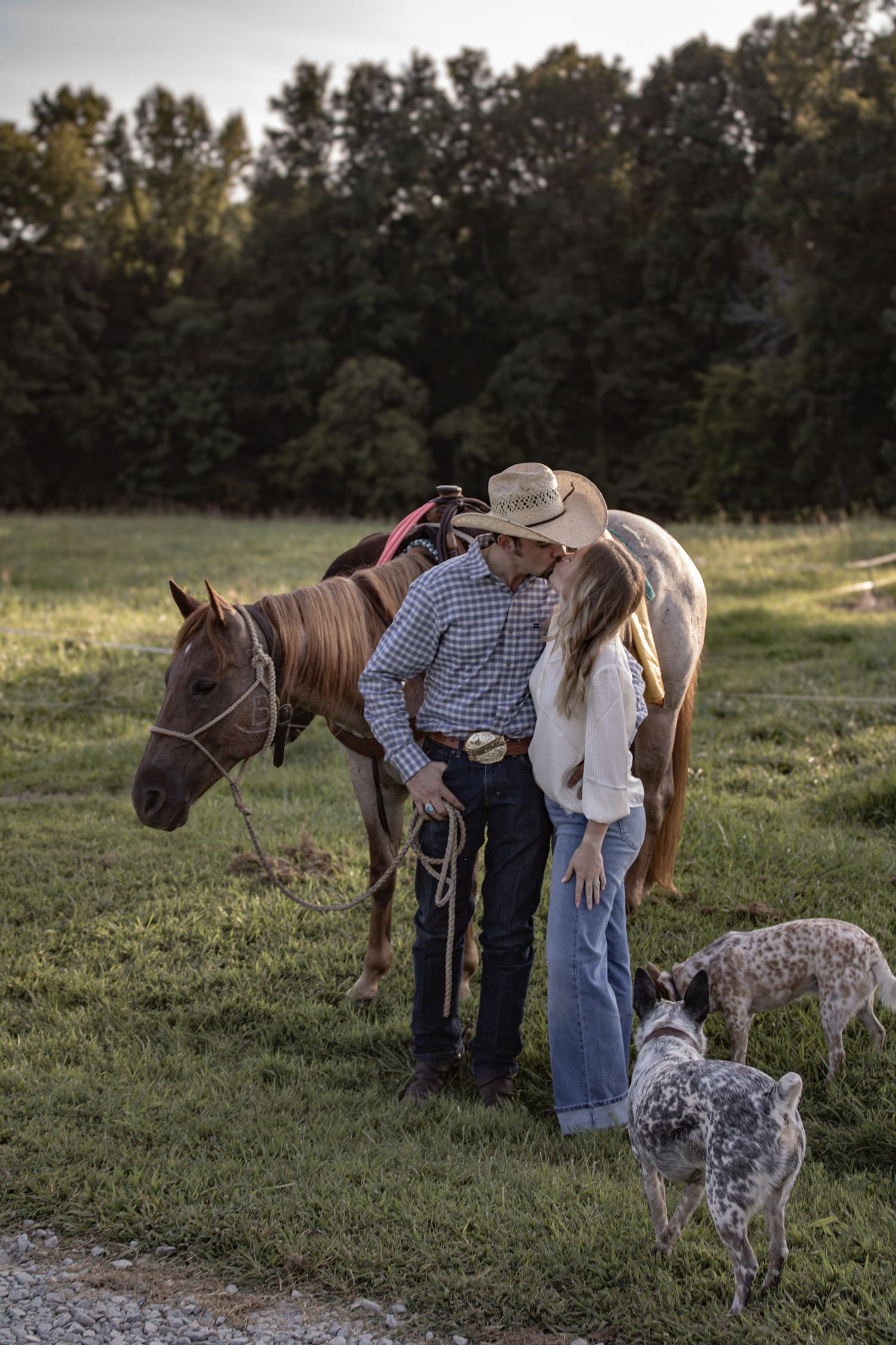 Two people in western attire lean against a brown horse while a spotted dog sits nearby in a grassy field.