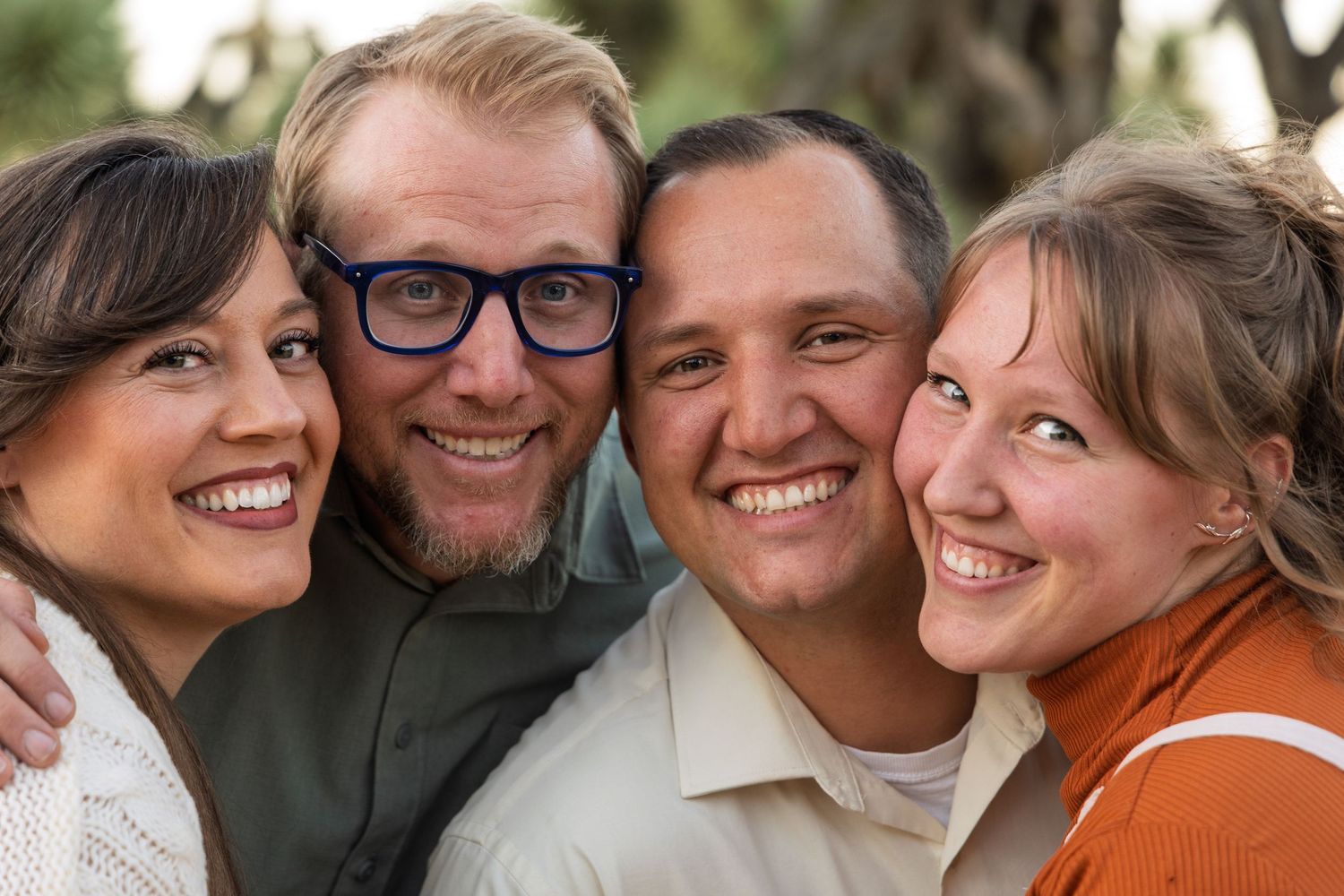 A collage of candid group photos showing people smiling and embracing together outdoors.
