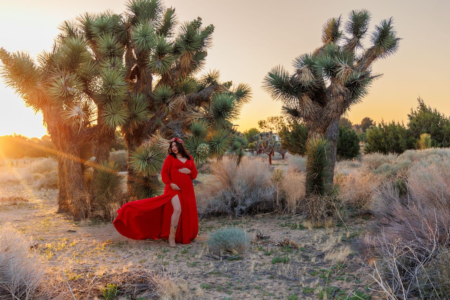 A person in a red dress sits among Joshua trees in a desert landscape at sunset.