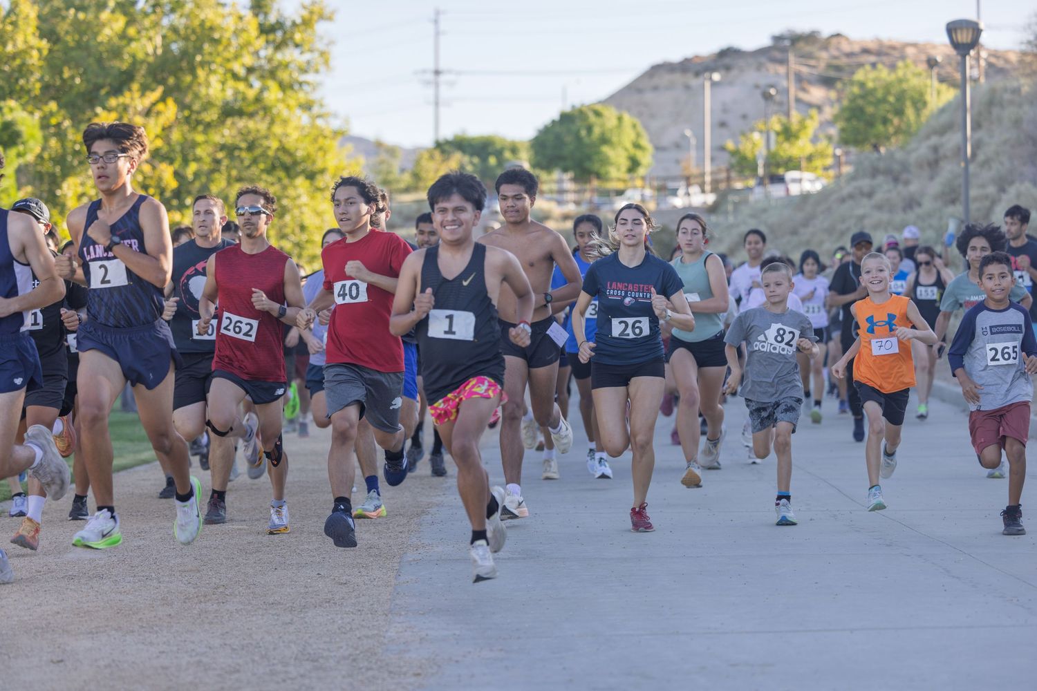Large group of runners competing in a cross country race on a sunny autumn day at the starting line.