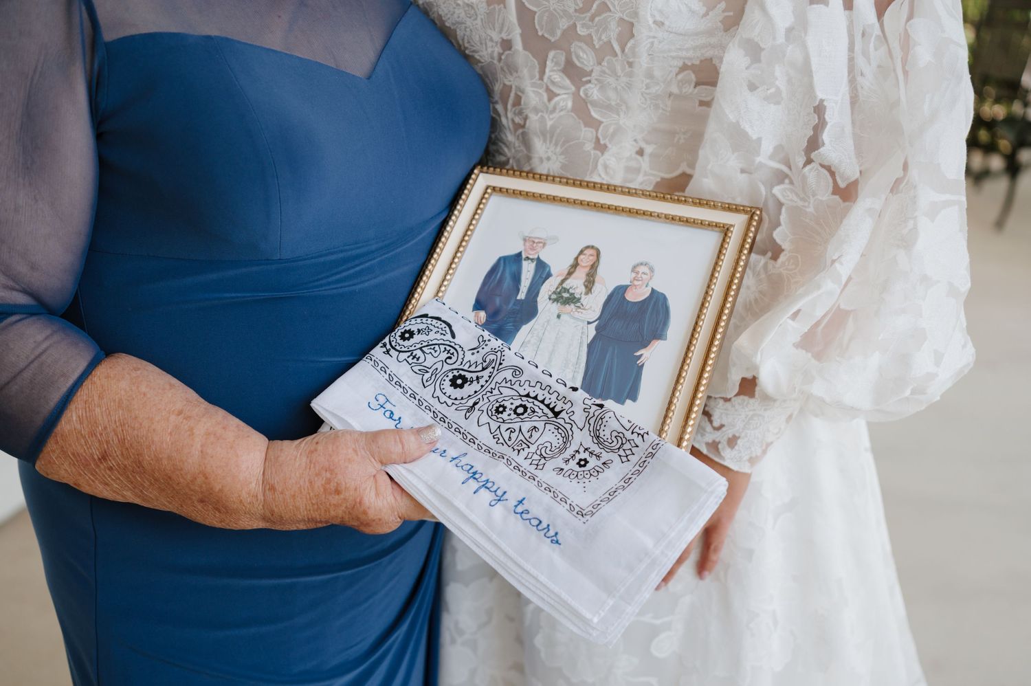 Bride and groom share an emotional first look moment in coordinating blue and white formal attire.