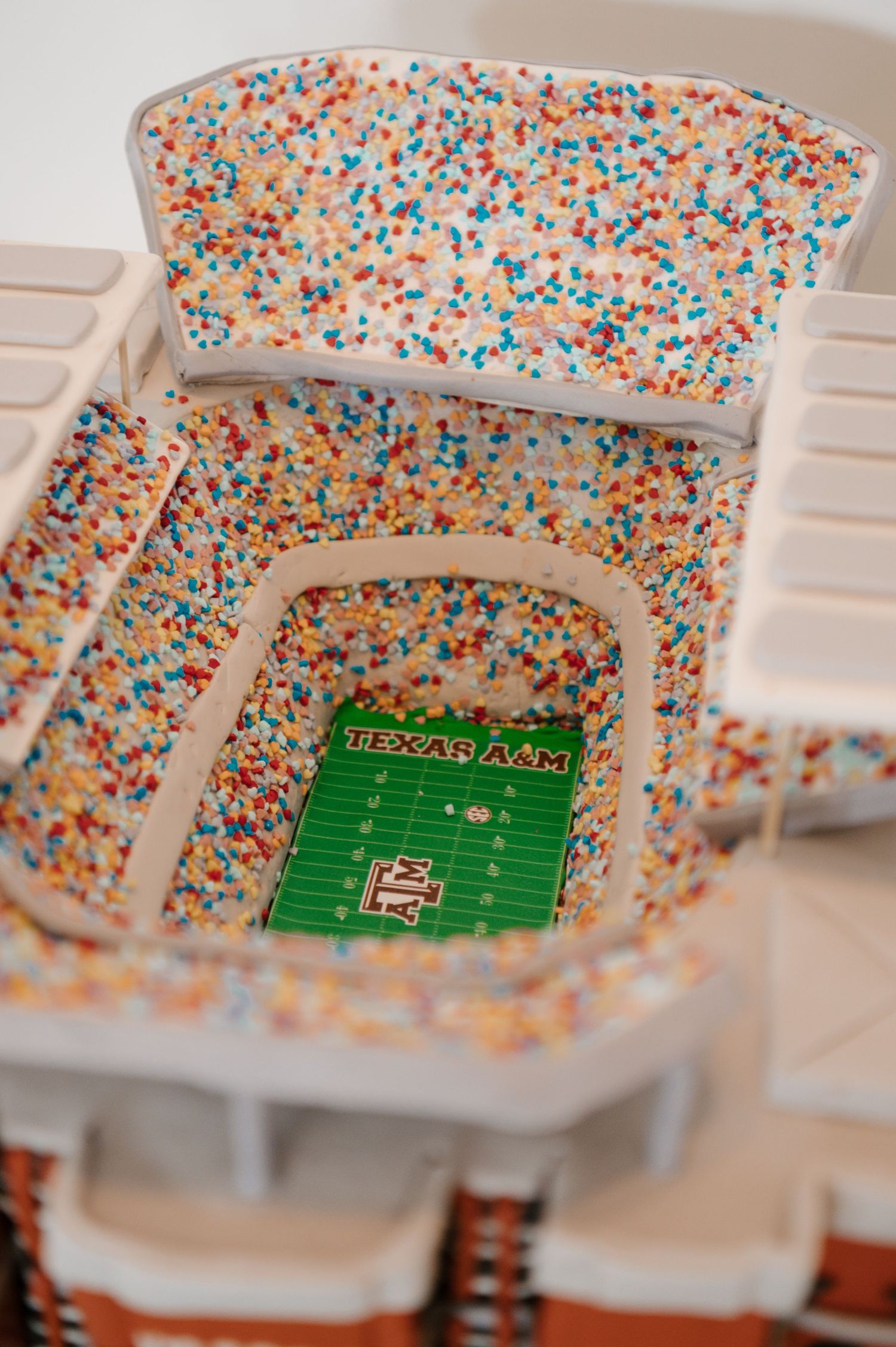 Decorative cake topper featuring miniature football stadium filled with colorful sprinkles.