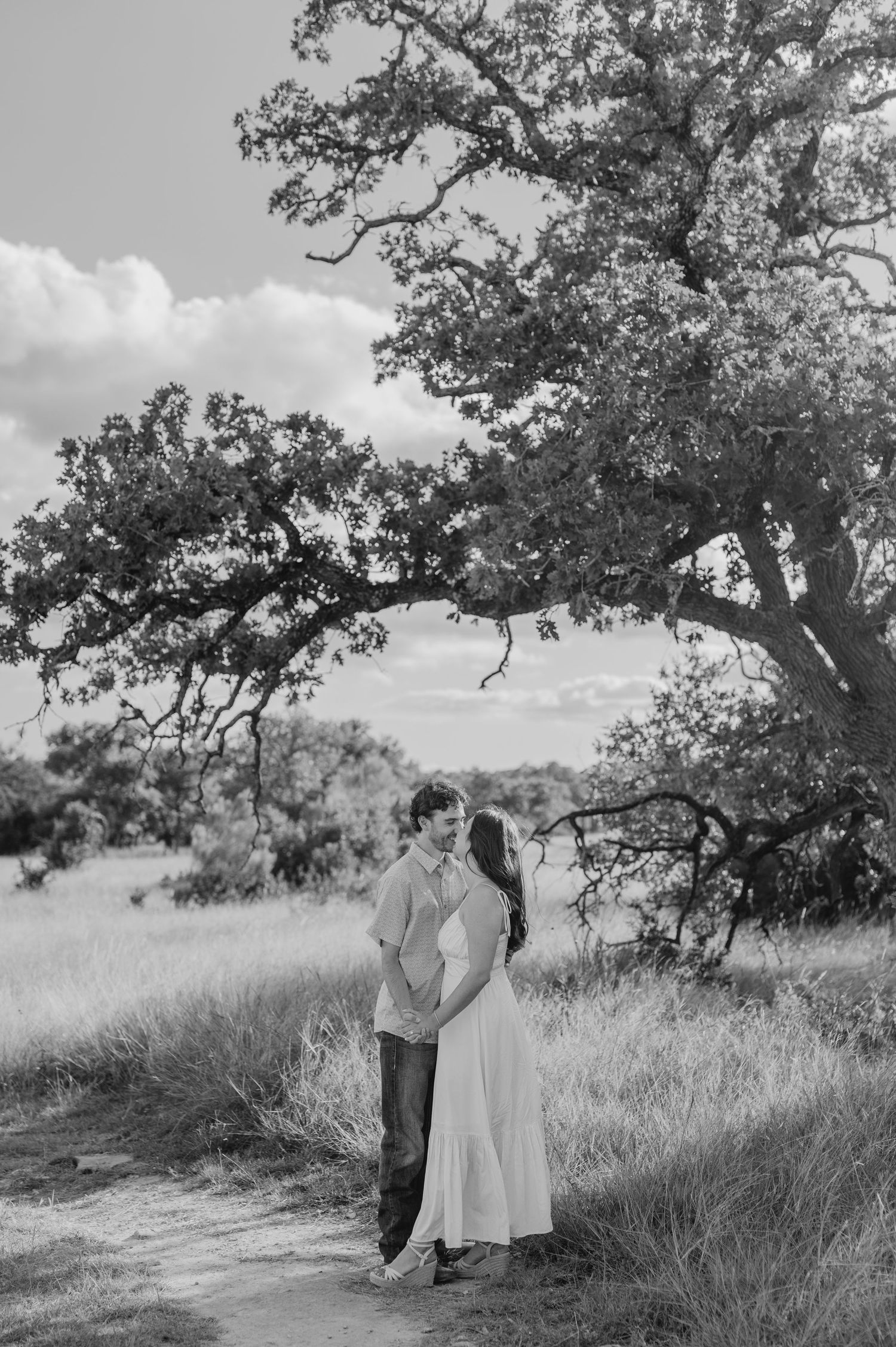 Romantic couple poses together beneath sprawling oak tree branches in an outdoor nature setting.