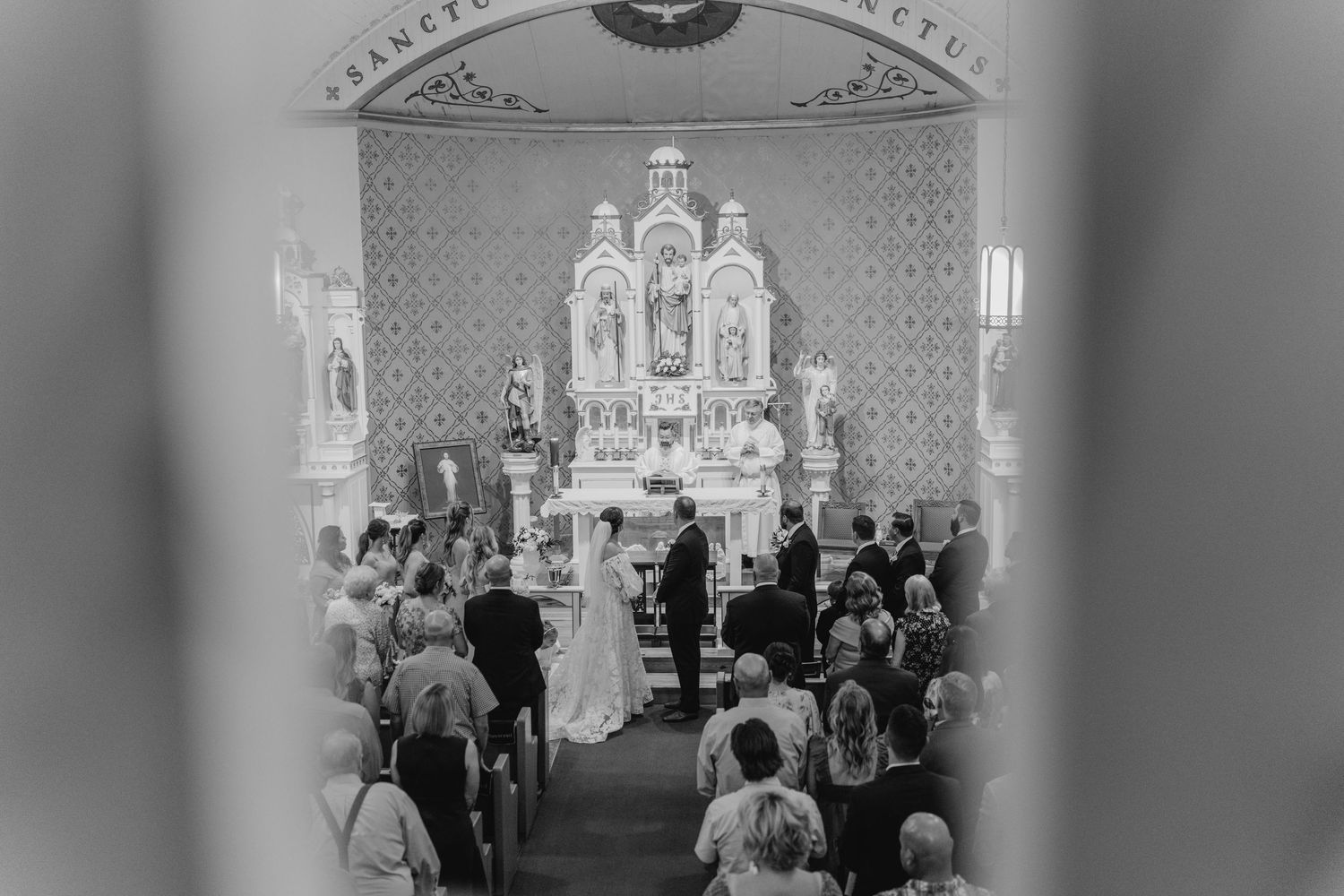 Black and white images show a traditional church wedding ceremony with guests gathered in the sanctuary.