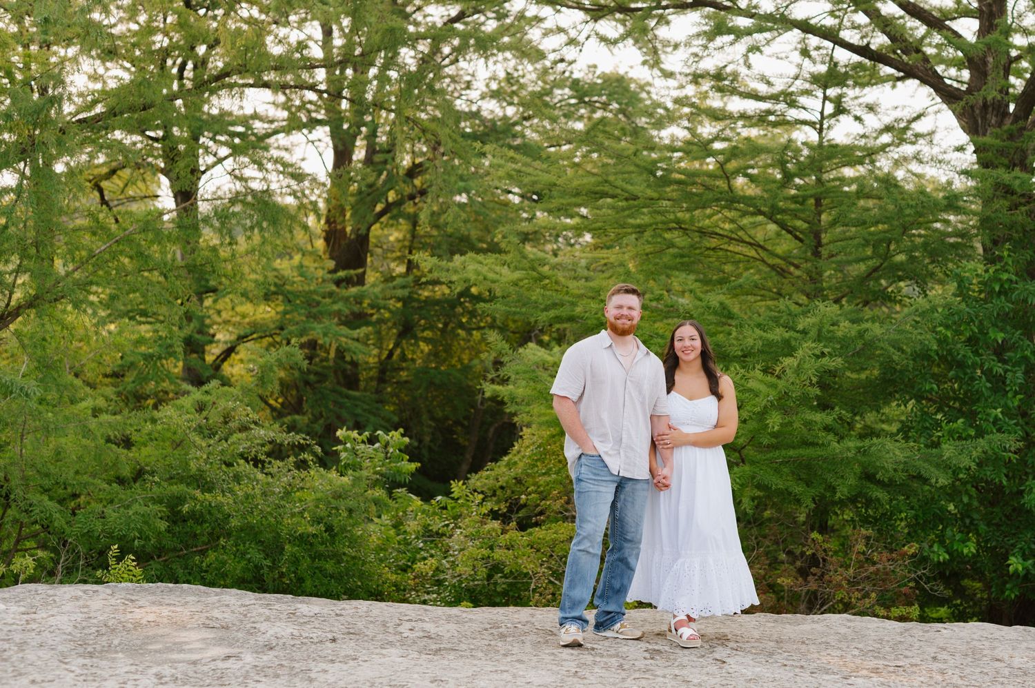 A series of outdoor photos in a natural wooded setting with greenery and paths in warm sunlight.