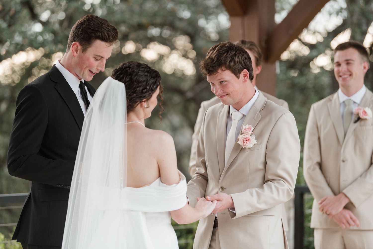 A sequence of wedding ceremony moments showing the couple and wedding party in elegant tan and black attire.