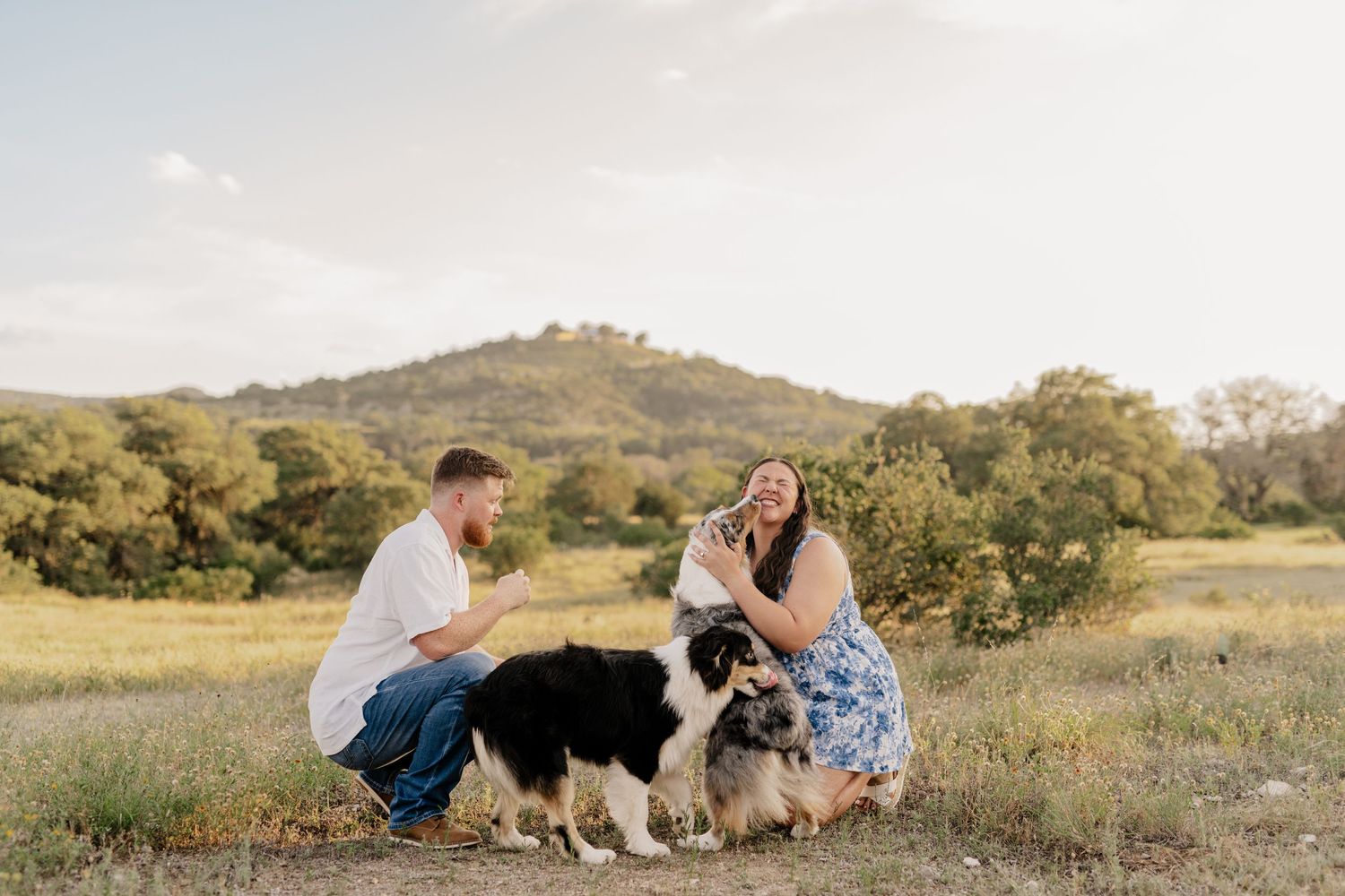 A couple plays with their Australian Shepherd dog in a sunny field with hills in the background.