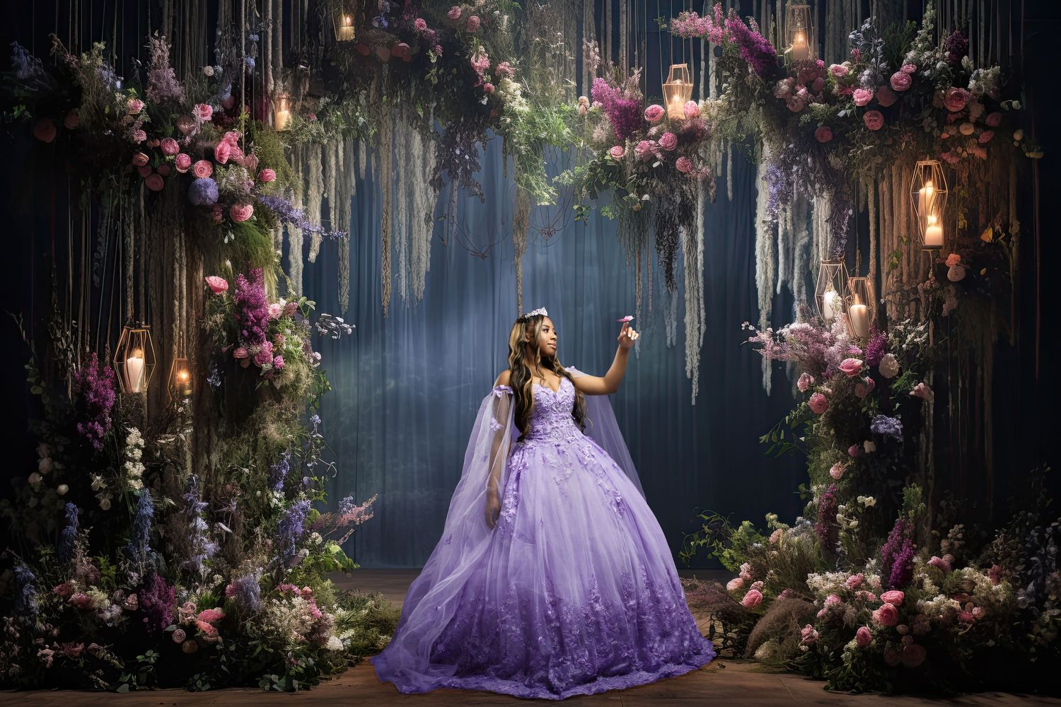 A woman in a lavender ball gown poses in a magical garden setting with hanging flowers and lights.