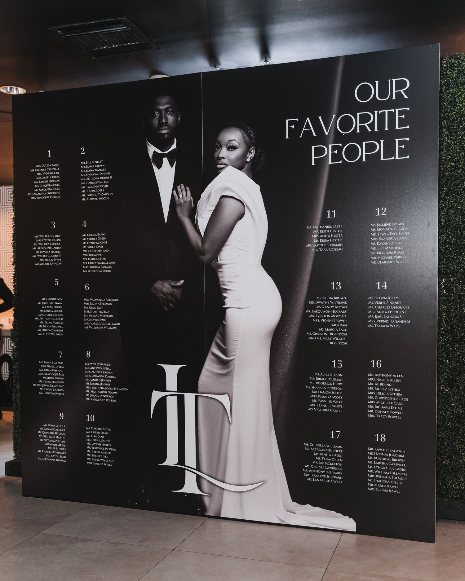 Black and white seating chart display featuring a stylish design with text 'Our Favorite People'.