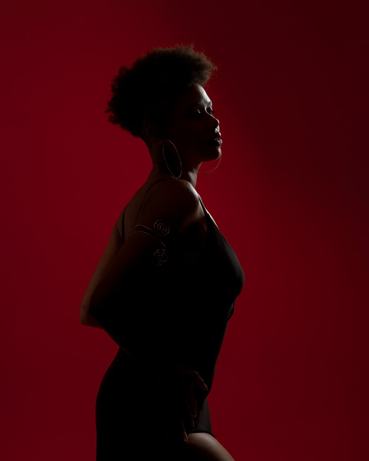 Side profile silhouette in moody lighting against red background.