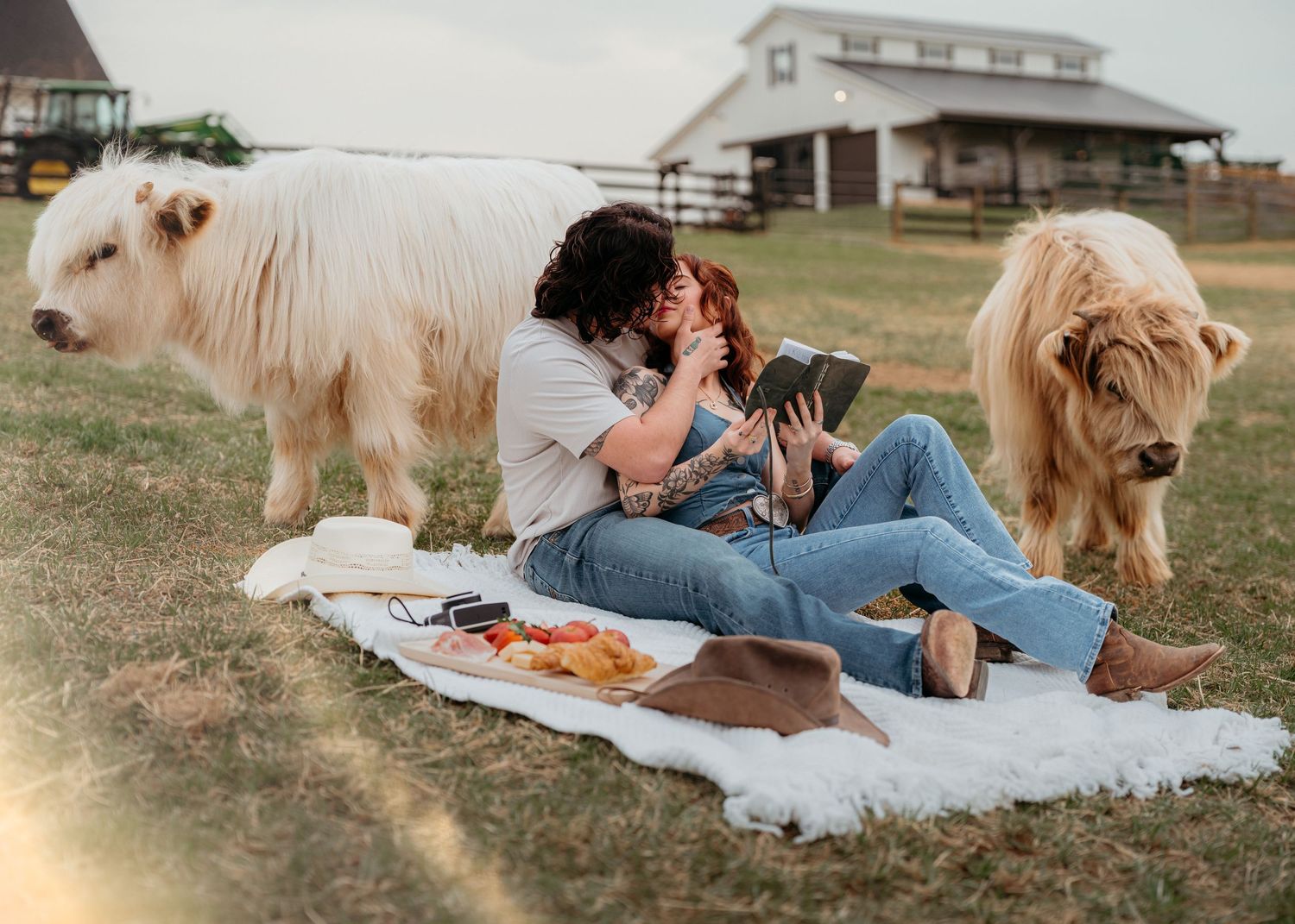 Couple having picnic on blanket in countryside with horse grazing nearby at sunset.