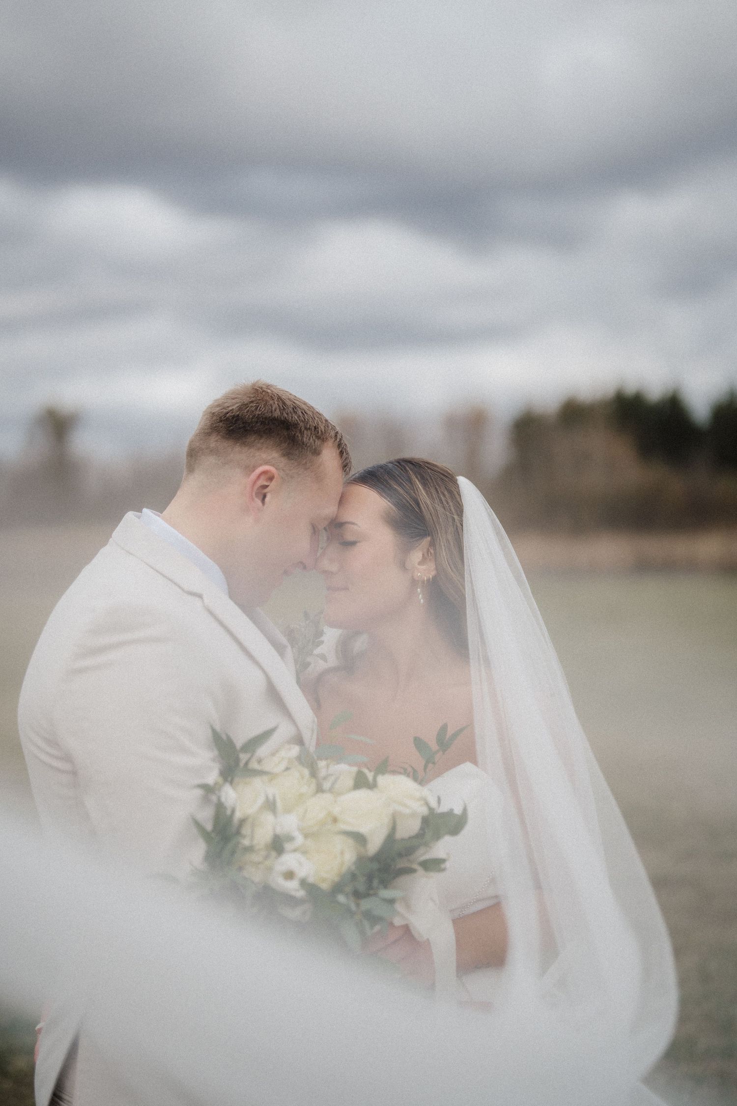 A romantic wedding photo sequence showing tender moments between newlyweds through a dreamy veil in soft lighting.