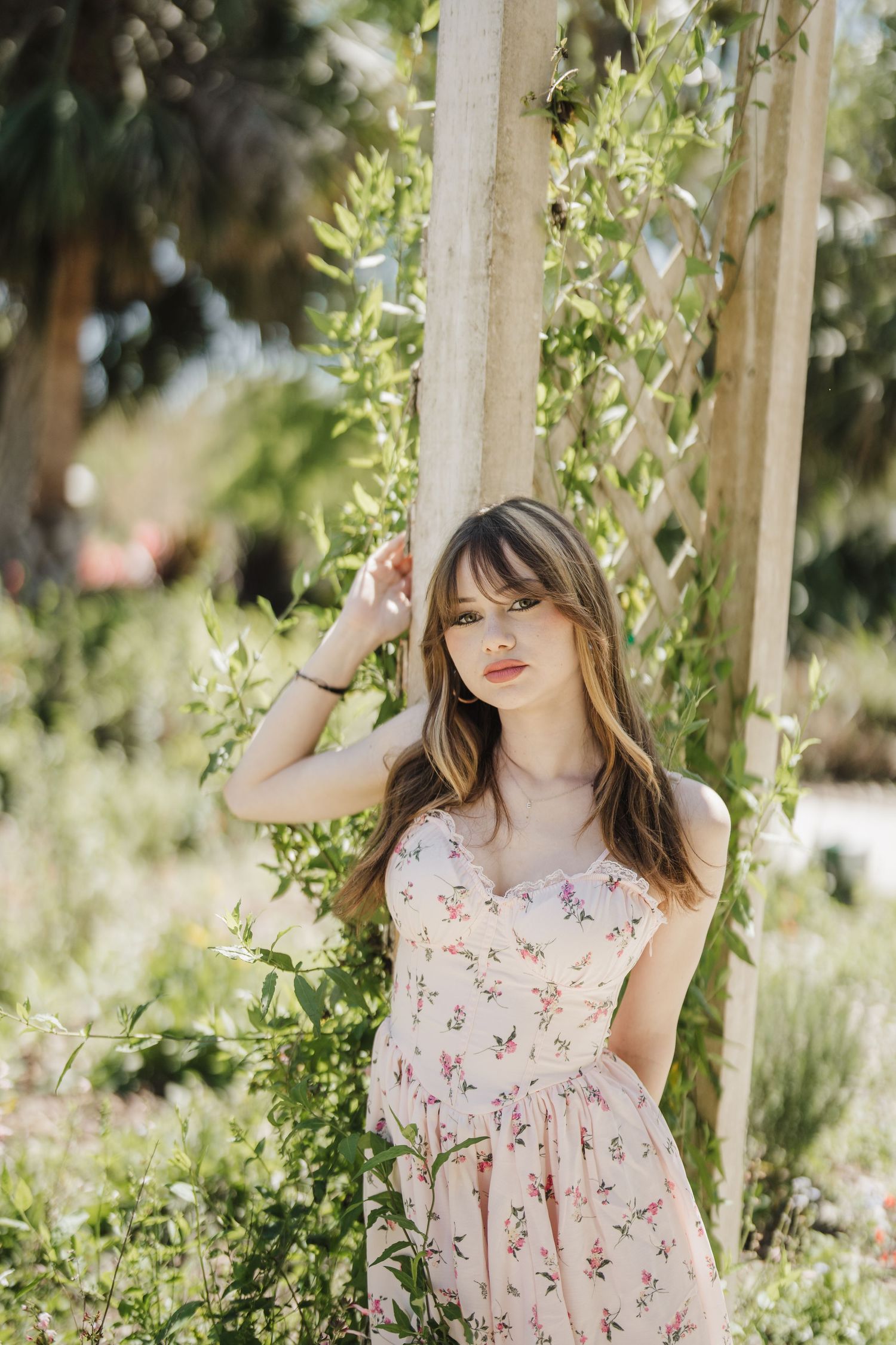 Ethereal garden photography with natural light filtering through climbing vines and wooden posts.