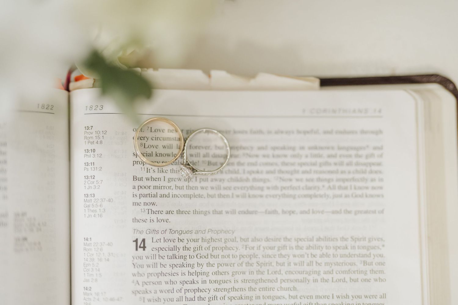 Wedding rings rest on open book pages with a delicate leaf accent.