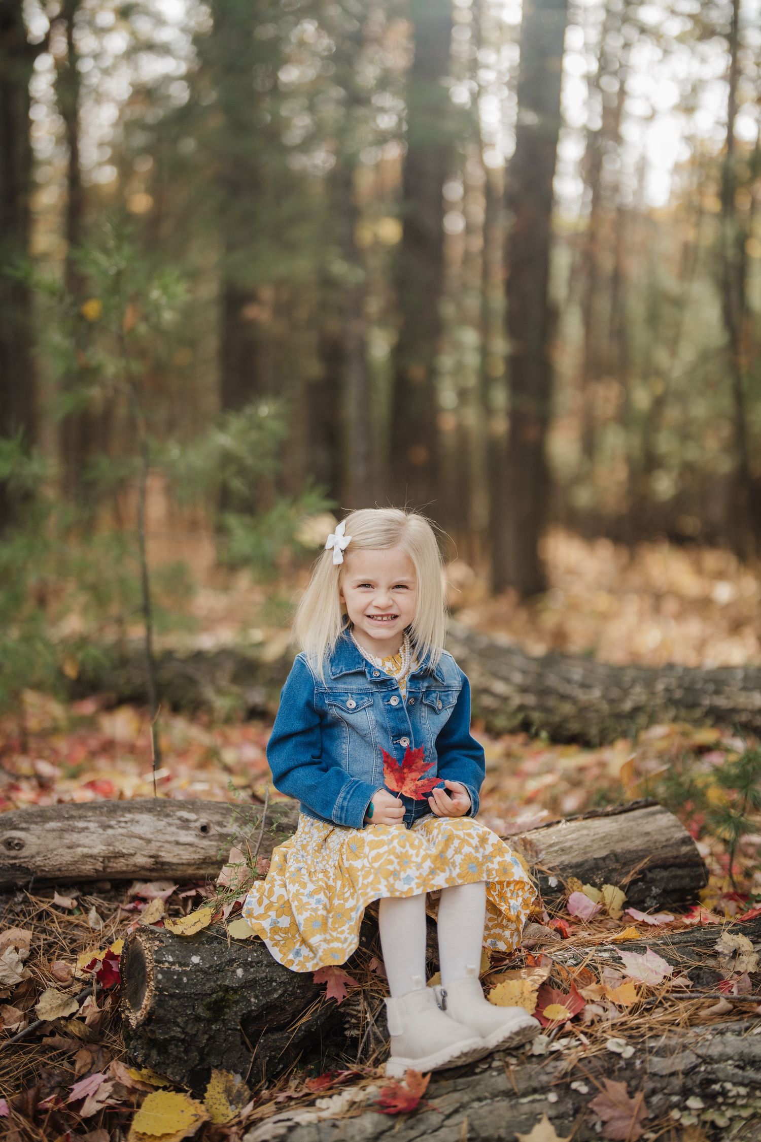 A child in a denim jacket and yellow dress sits on fallen logs in an autumn forest setting.