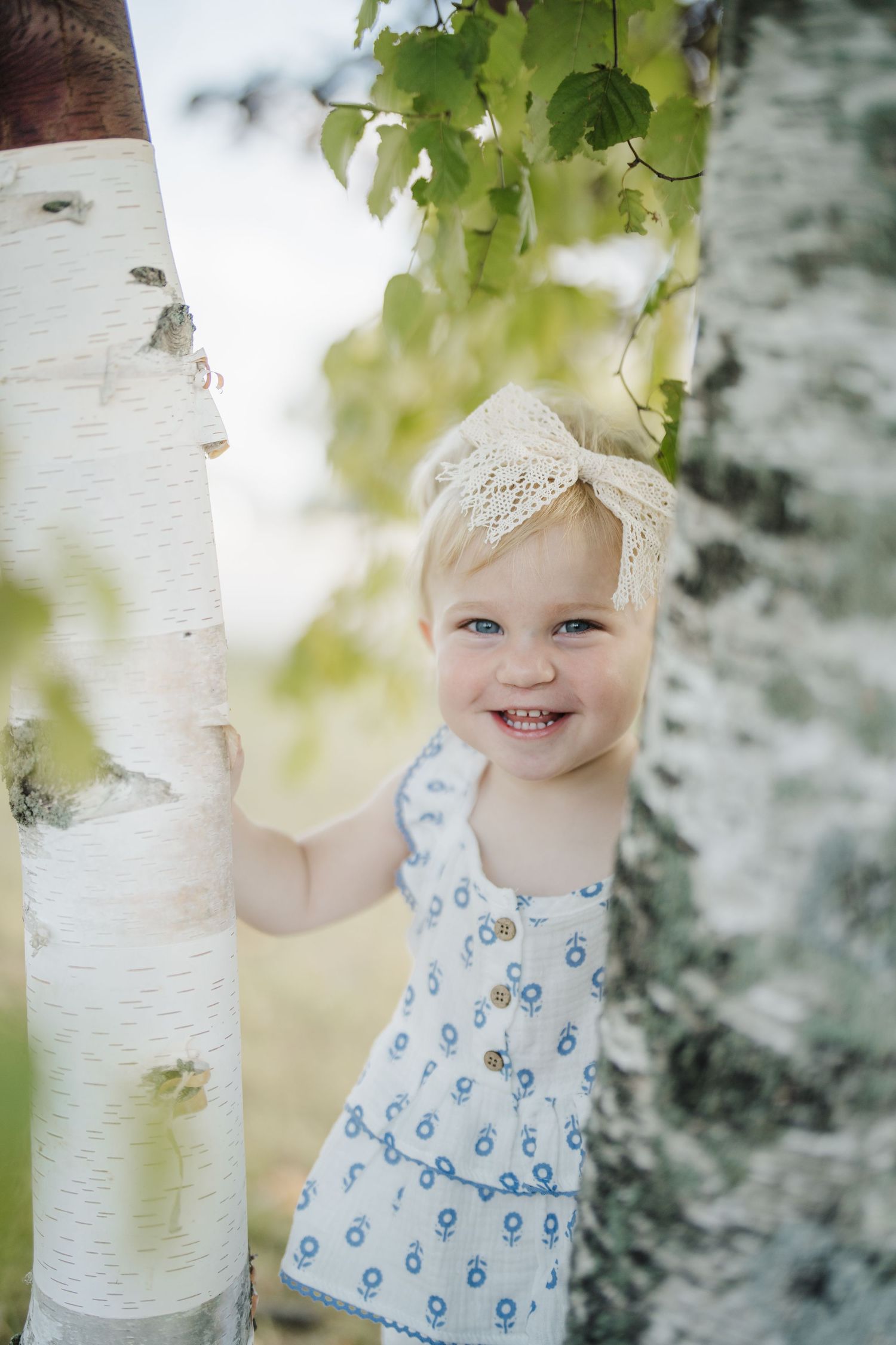 Sweet child in blue floral dress peeks around white birch tree trunk in soft summer light.