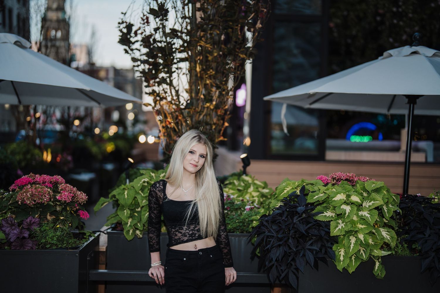 A series of outdoor portraits showing a person in various poses against natural and urban backdrops at dusk.