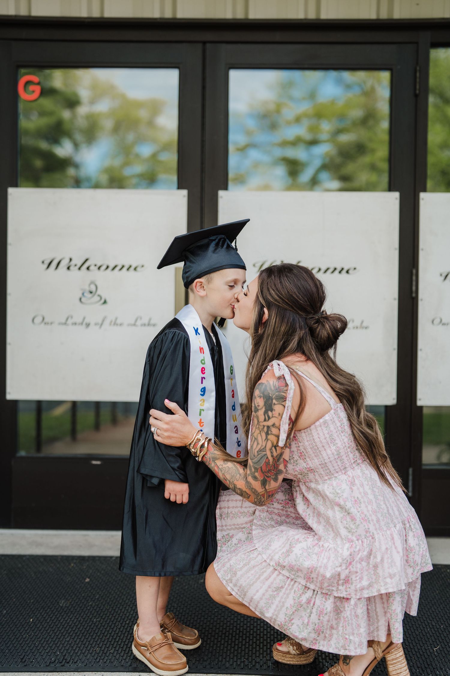 A series of photos showing a sweet graduation celebration moment in front of a welcome sign.