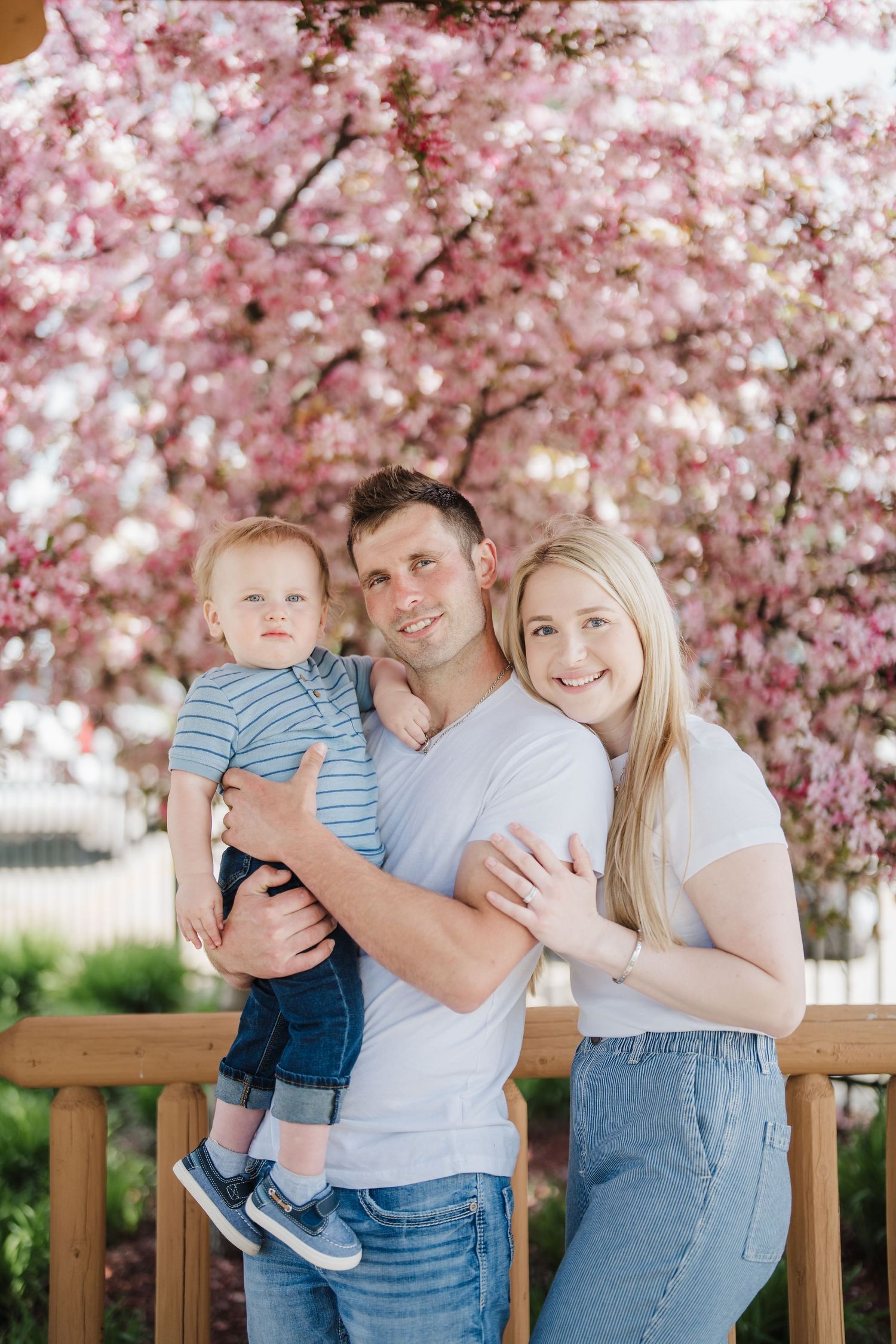 Family portrait under blooming pink cherry blossoms on a wooden bench in springtime.