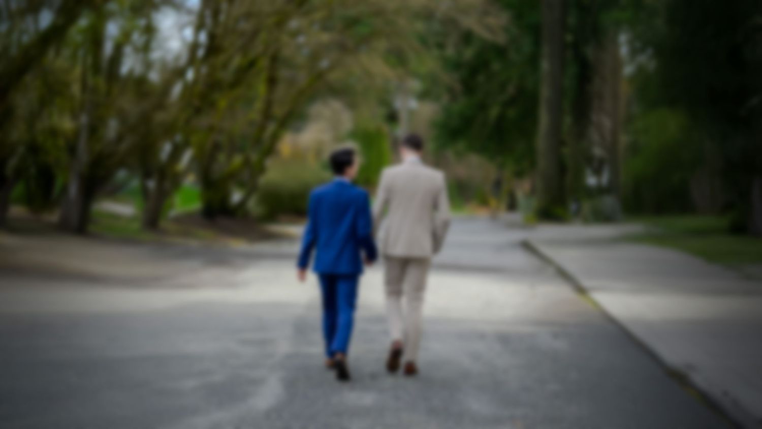 Two people walking together down a tree-lined path in a park on an autumn day.