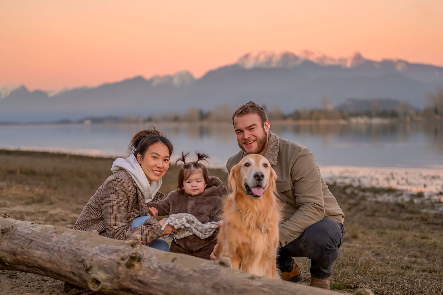 A series of sunset photos showing people and a golden retriever enjoying outdoor moments against mountain landscapes. Golden Ears Mountains