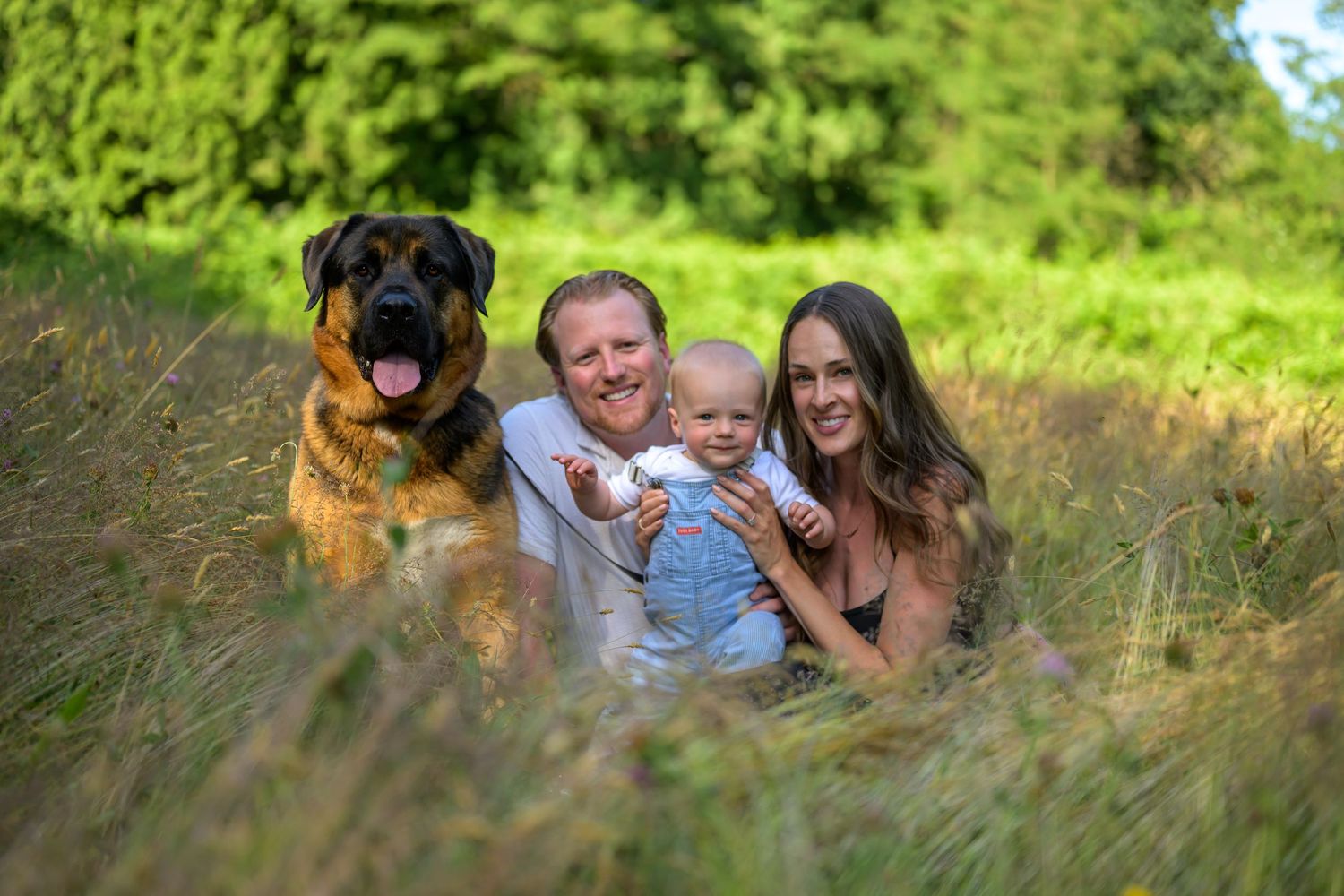 Family and dog relaxing together in tall grass during golden hour photography session.
