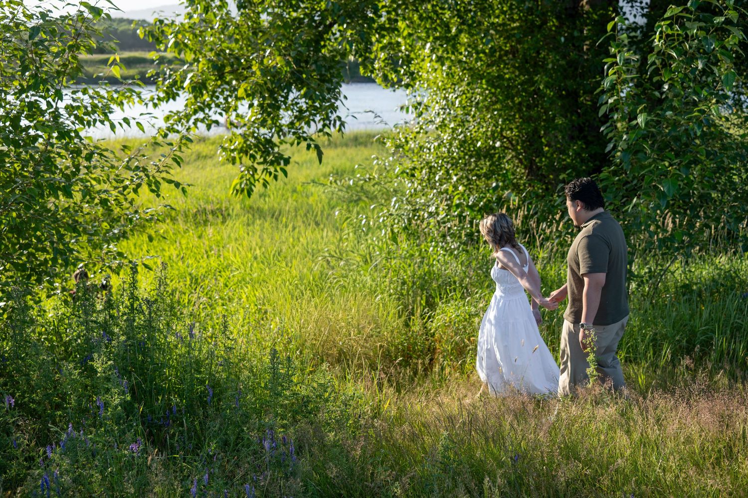 A couple in wedding attire holds hands under a birch tree overlooking a lush green meadow and lake.