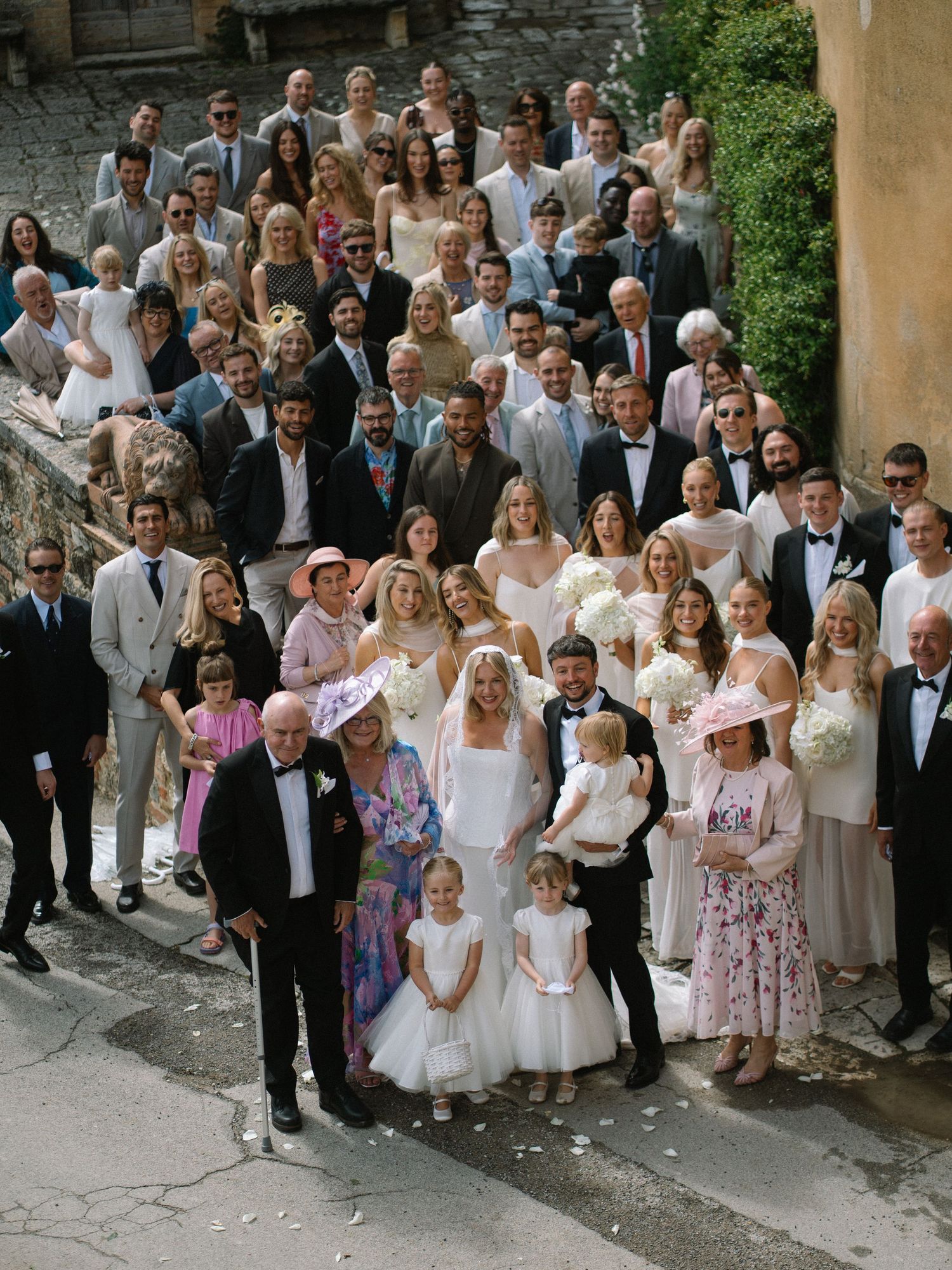 Large wedding group portrait on stone steps with bride, groom, bridal party, and all guests.