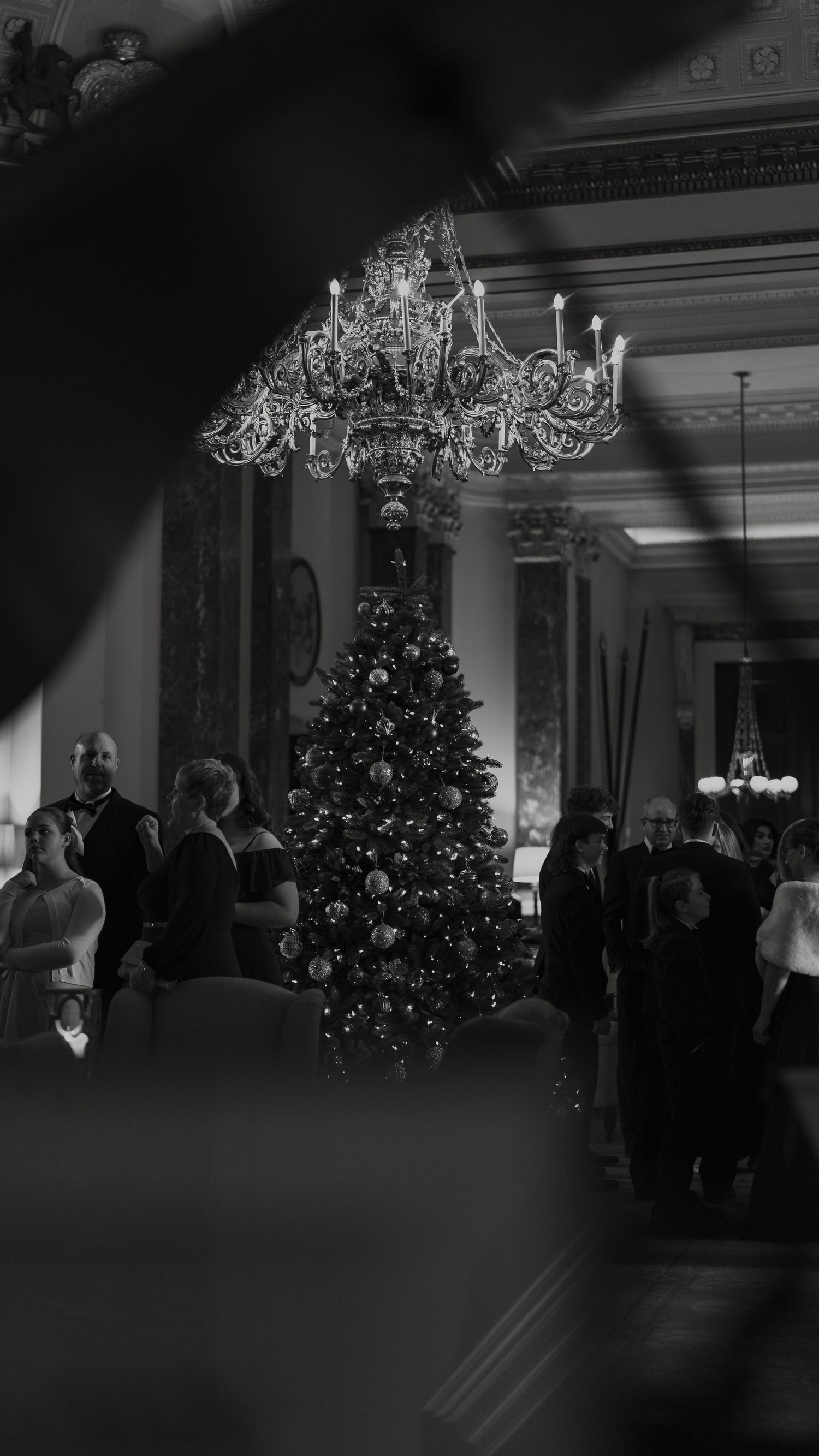 Black and white photo of elegant Christmas party in grand ballroom with chandelier and decorated Christmas tree.