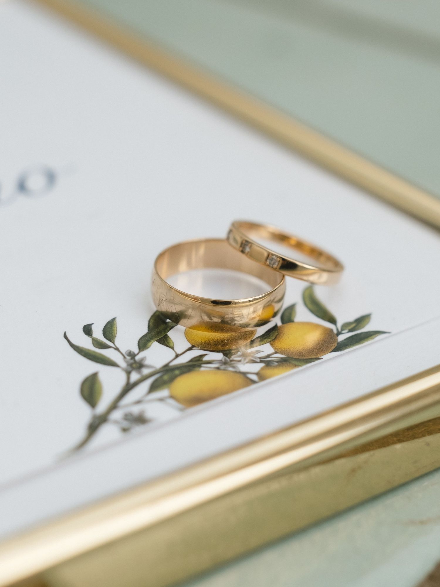 Two gold wedding bands resting on a floral illustrated card inside a gold frame.