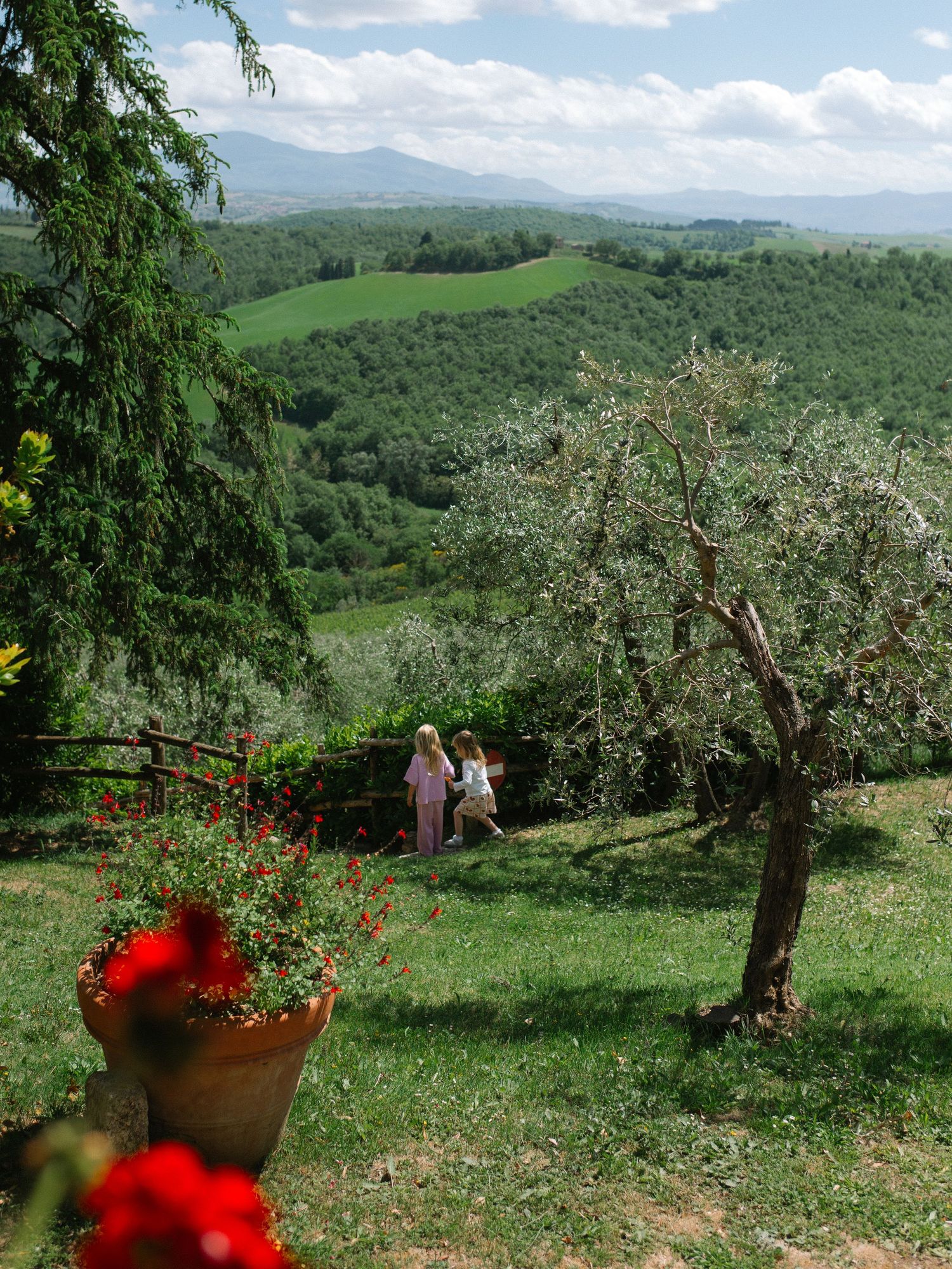 Two people admiring a stunning Tuscan countryside panorama with rolling green hills and olive trees.