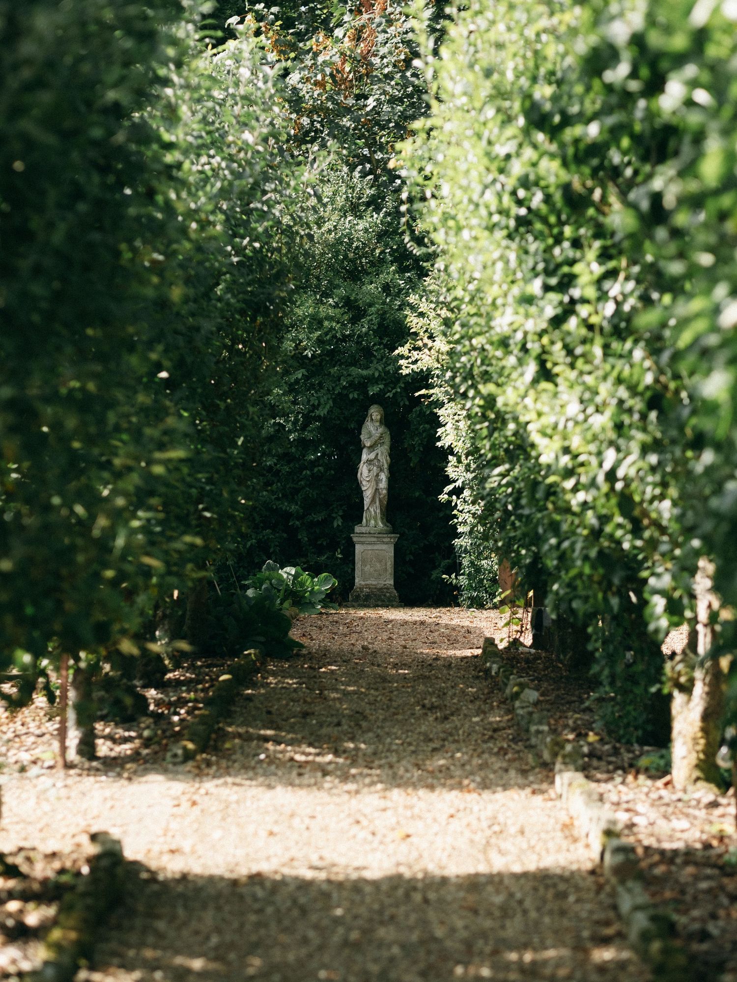 A serene garden path lined with lush green hedges leads to a classical stone statue in dappled sunlight.