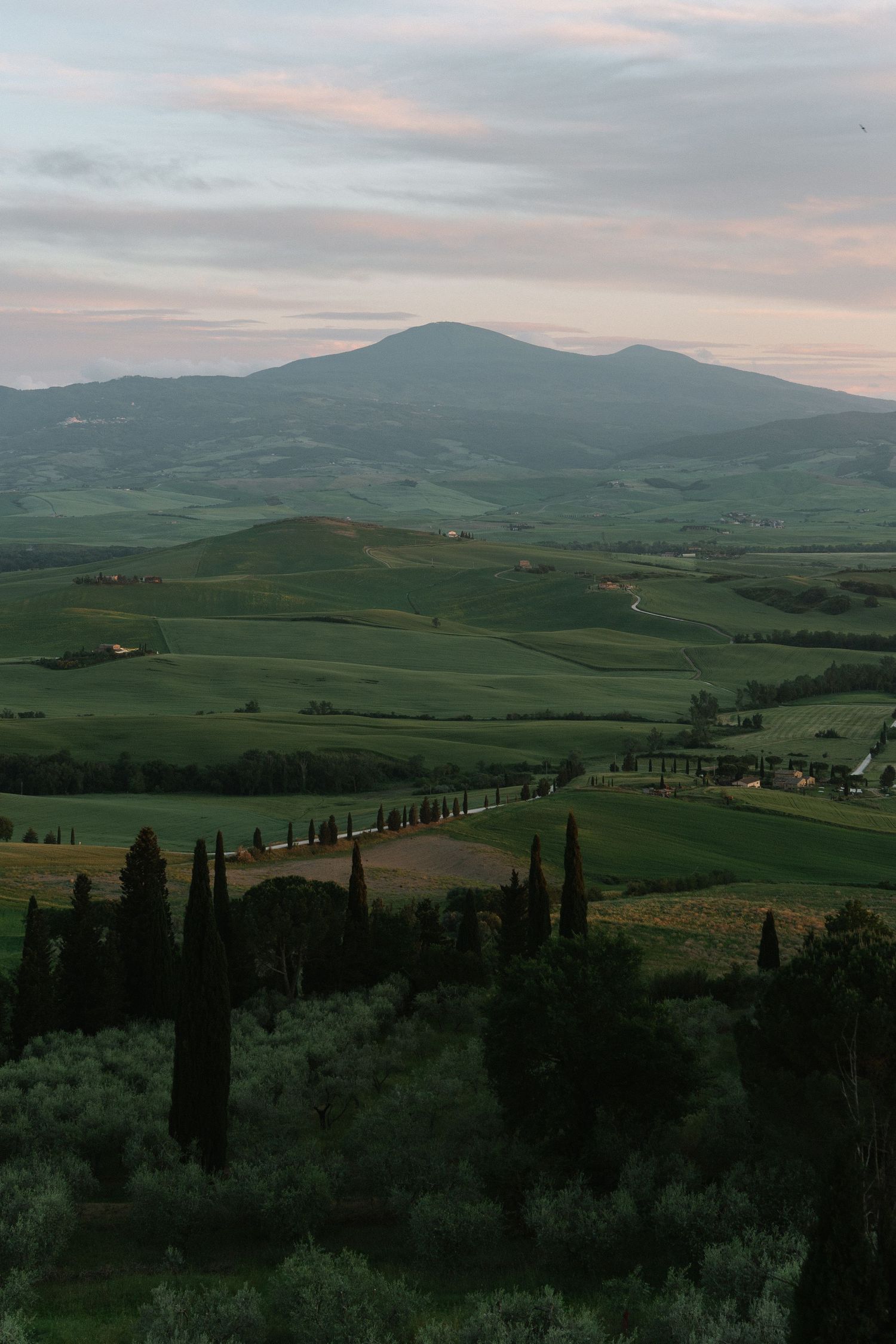 Scenic Tuscan landscape at dusk featuring rolling green hills, cypress trees, and a mountain under a pastel sky.