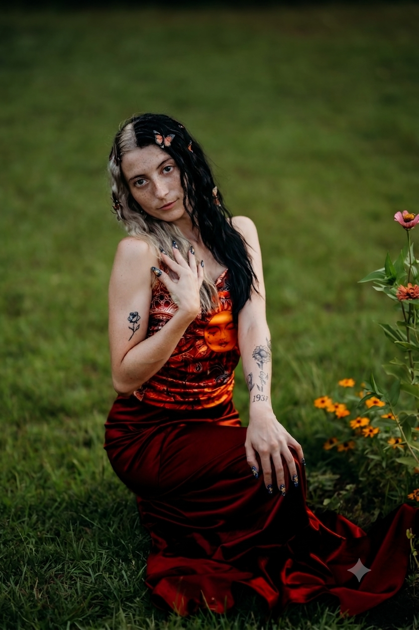A tattooed woman in a red satin gown kneels gracefully on green grass near orange wildflowers in a moody outdoor portrait.