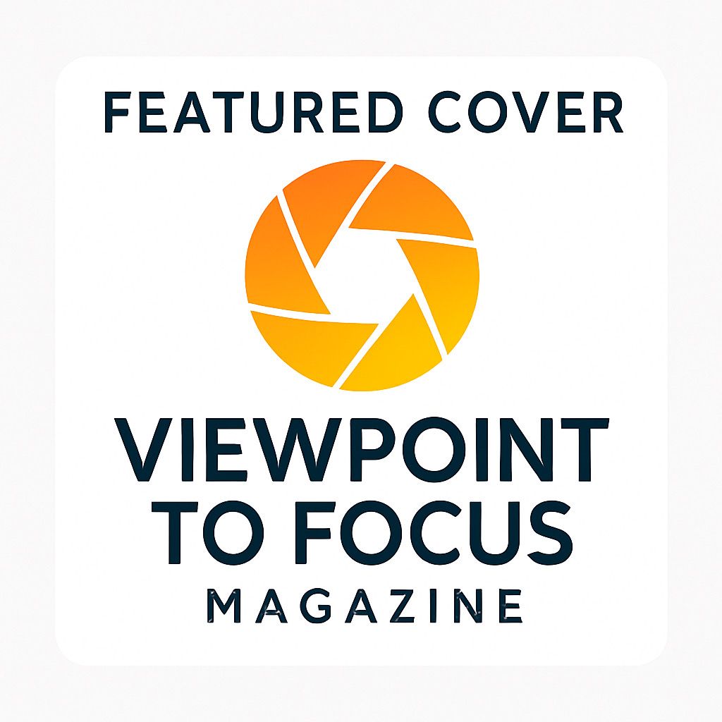 Featured Cover badge for Viewpoint to Focus Magazine with orange camera aperture logo.