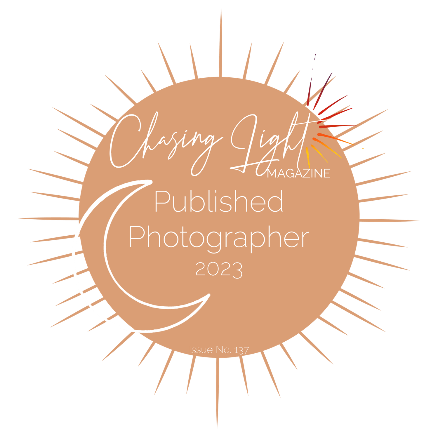 Chasing Light Magazine Published Photographer 2023 badge with sun and moon design in warm orange tones.