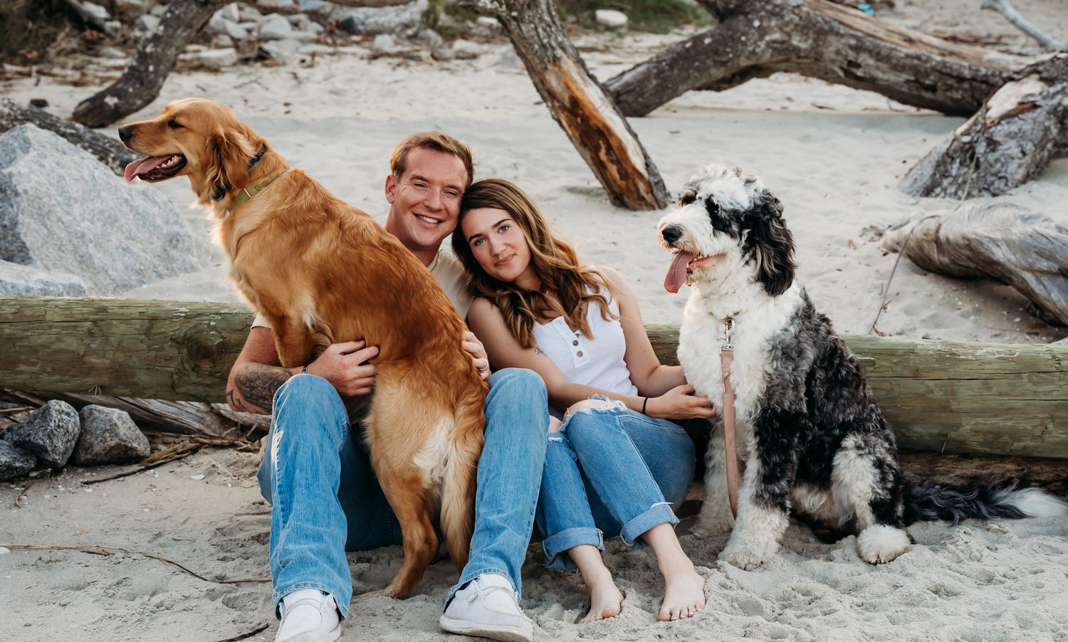 Smiling couple sitting on beach with golden retriever and black and white dog.