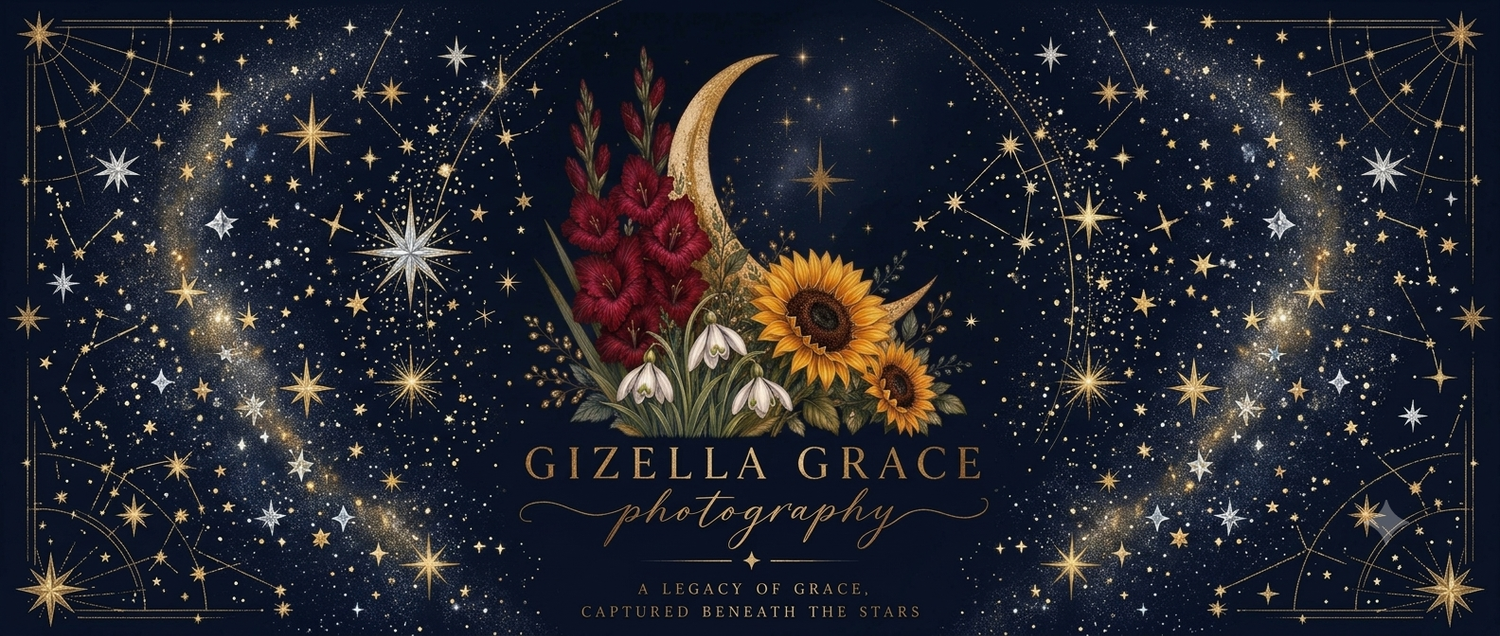 Gizella Grace Photography wide banner logo with crescent moon florals on a starry dark navy background.