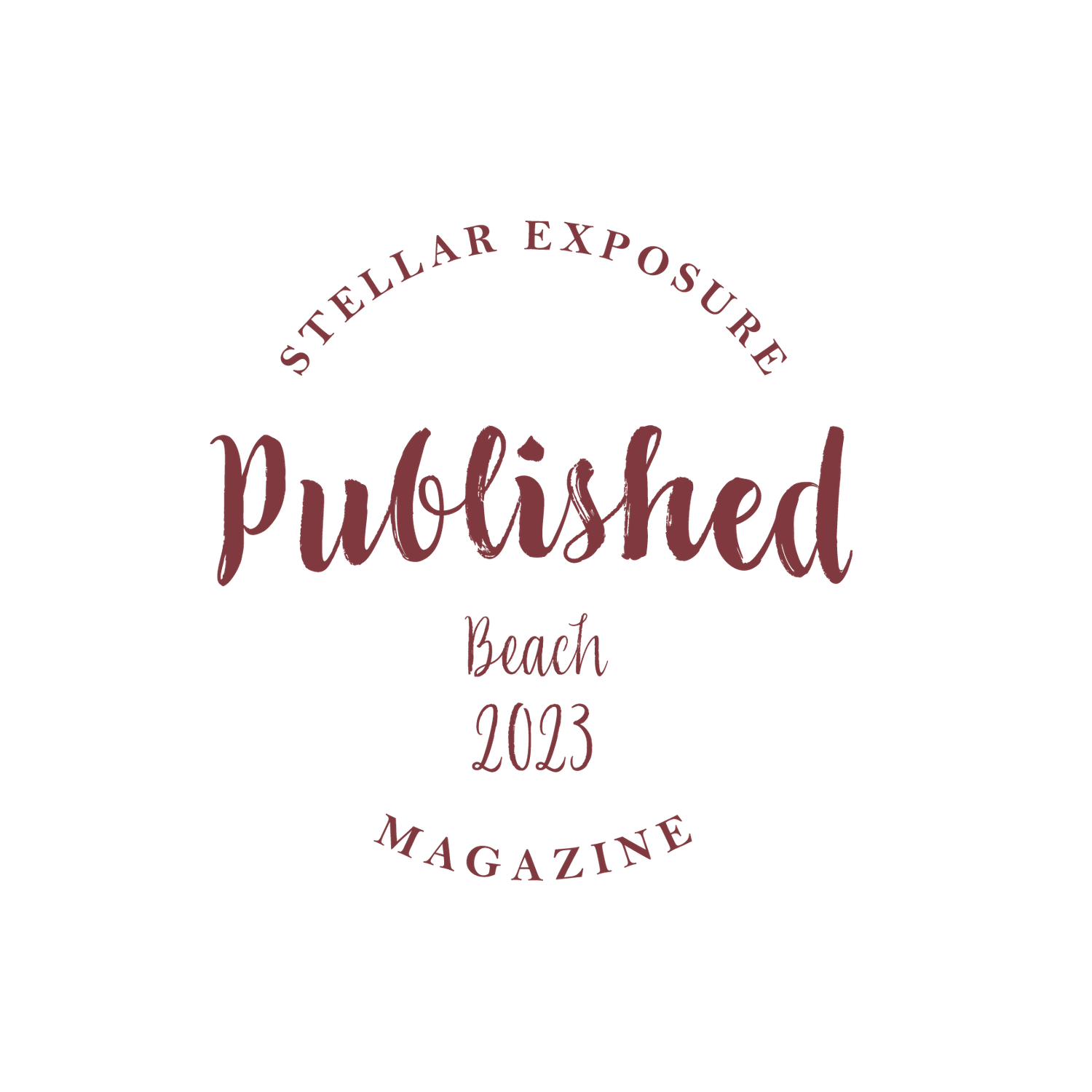 Stellar Exposure Magazine Published Beach 2023 award badge in dark red and white circular design.