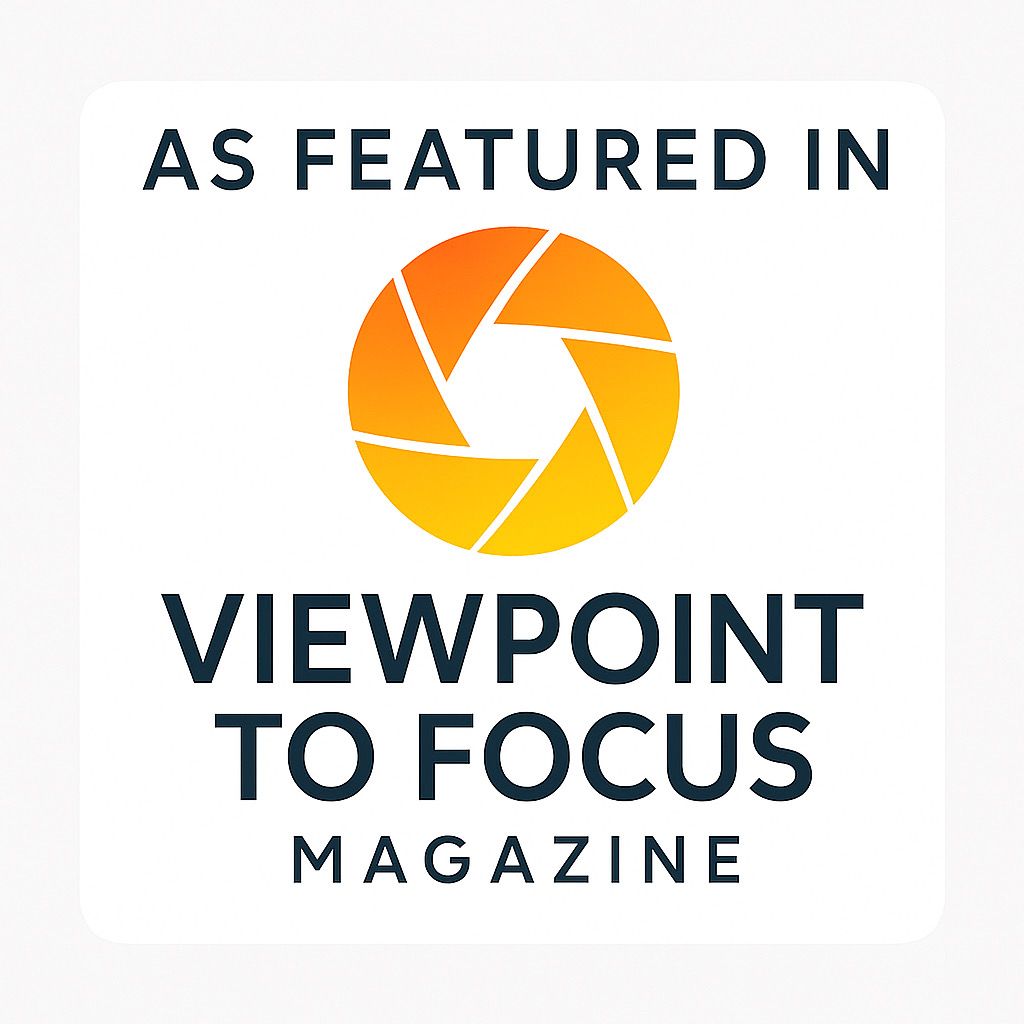 As Featured In badge for Viewpoint to Focus Magazine with orange aperture icon.